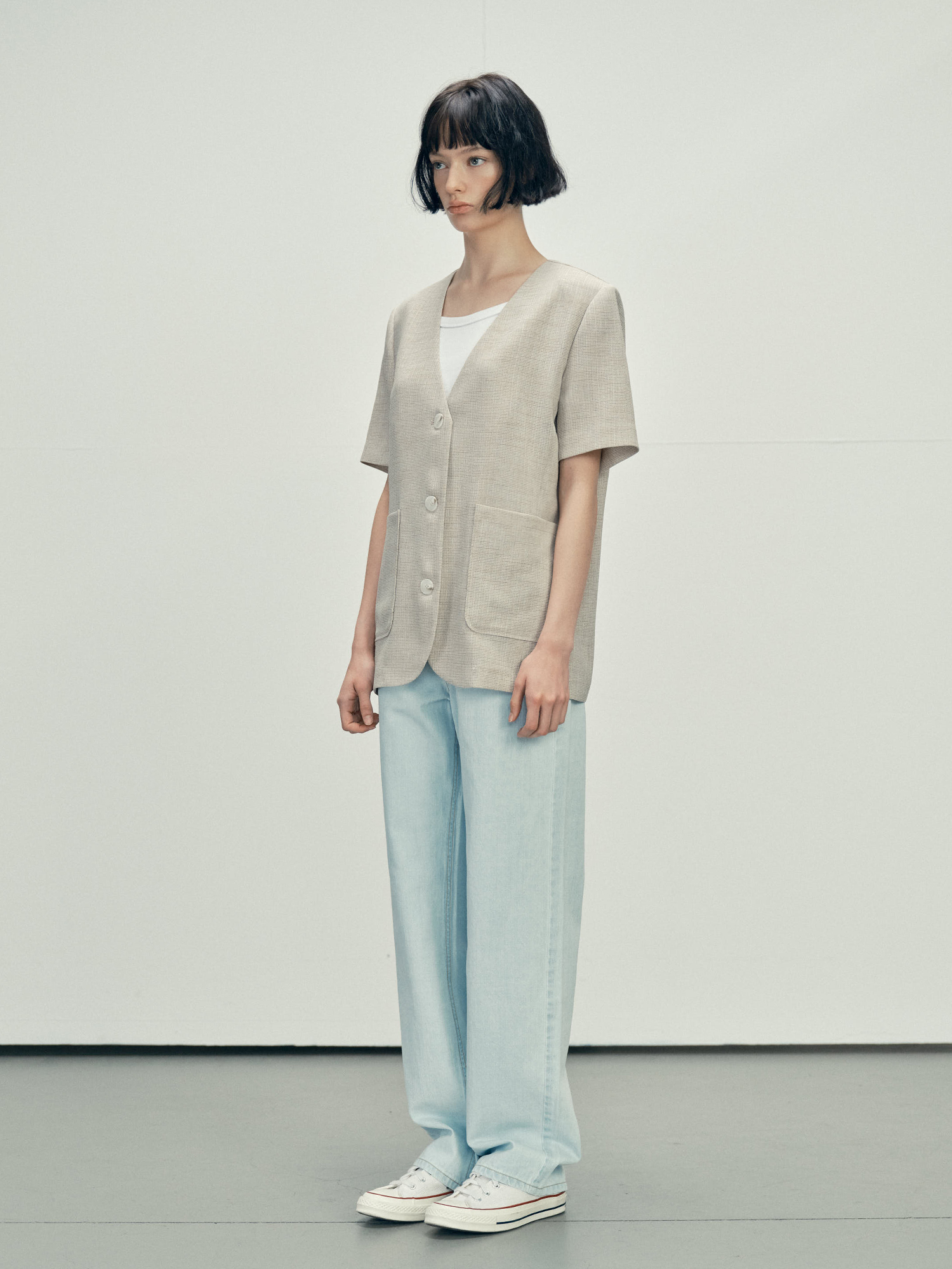 6610 NOCOLLAR HALF SLEEVE JACKET (BEIGE)