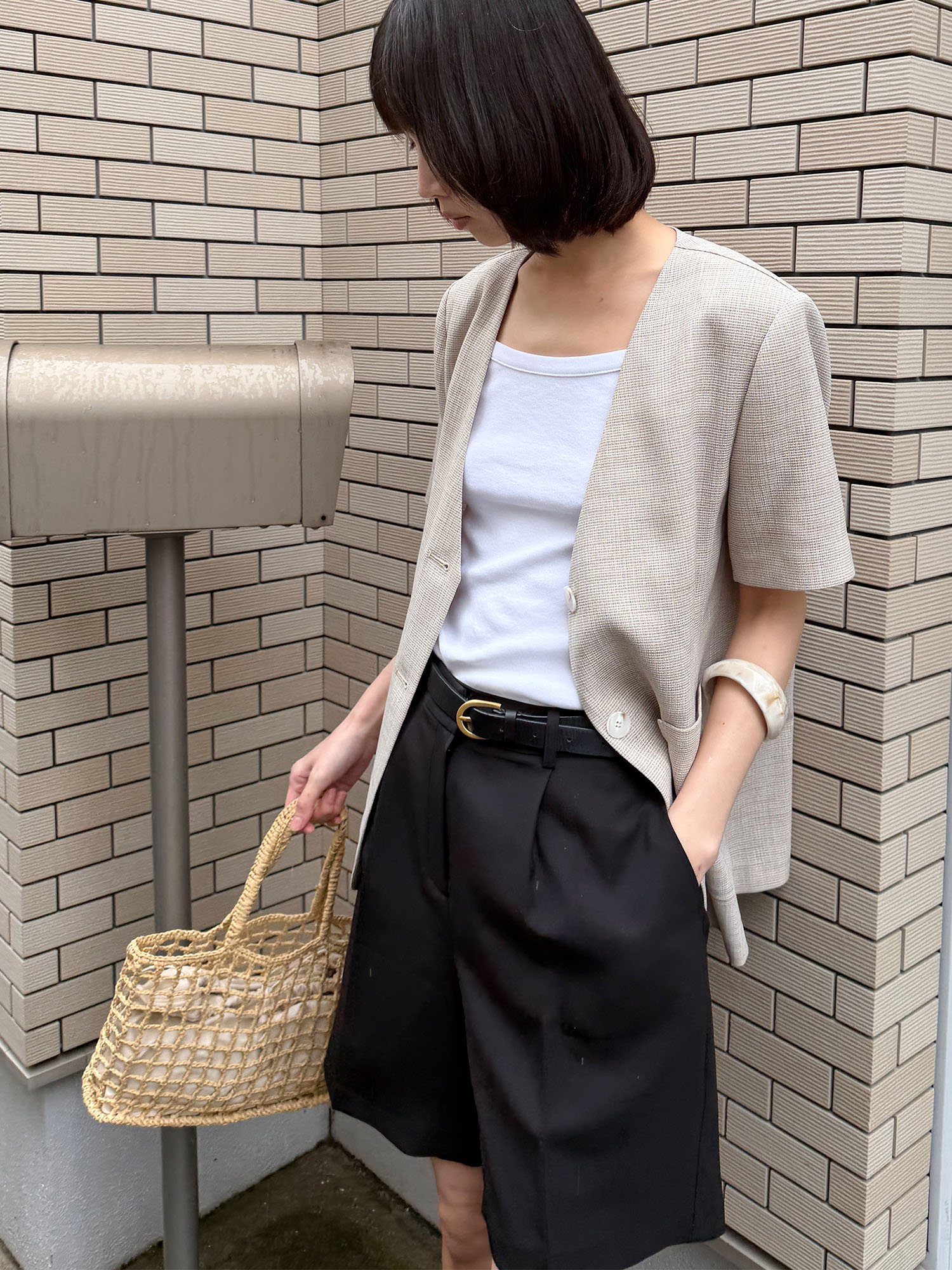 6610 NOCOLLAR HALF SLEEVE JACKET (BEIGE)