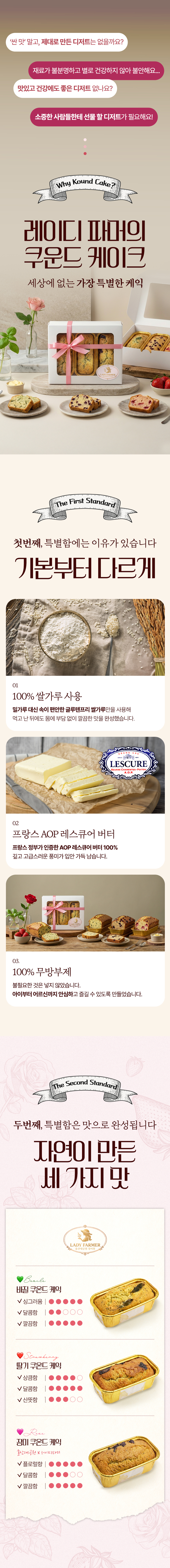 핑크 톤 배경 위에 레이디파머 쿠운드 케익 선물 패키지를 배치한 상세페이지 상단 디자인
