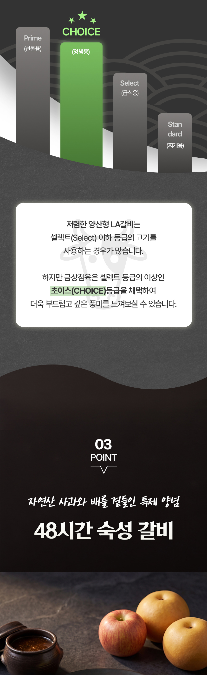 과일 베이스 양념과 숙성 포인트를 시각적으로 보여주는 상세페이지 중간 구간