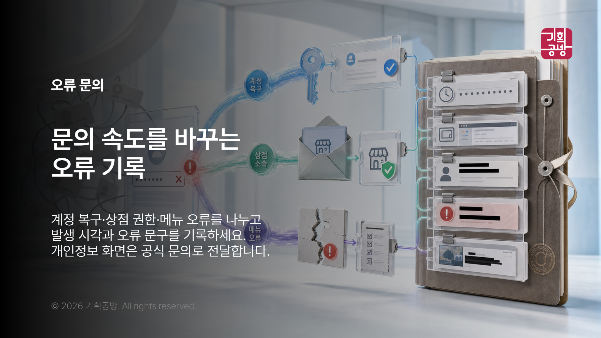 로그인 오류 화면과 문의자료를 정리하는 장면
