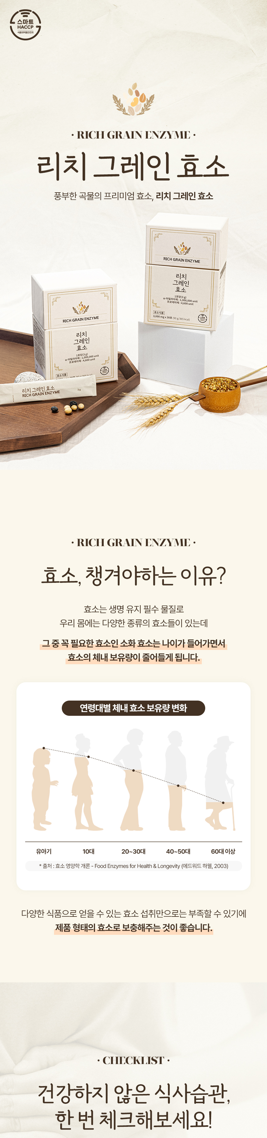 앤리치 리치 그레인 효소 패키지와 곡물 원료를 크림 톤 배경에 배치한 건강식품 대표 컷