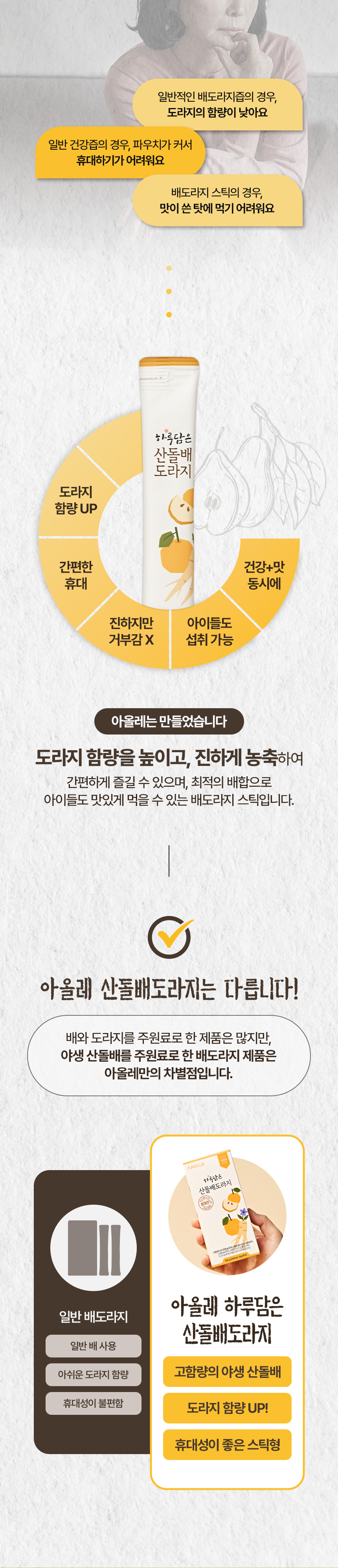 산돌배 이미지를 활용해 제품의 원료감을 보여주는 건강식품 상세페이지 디자인