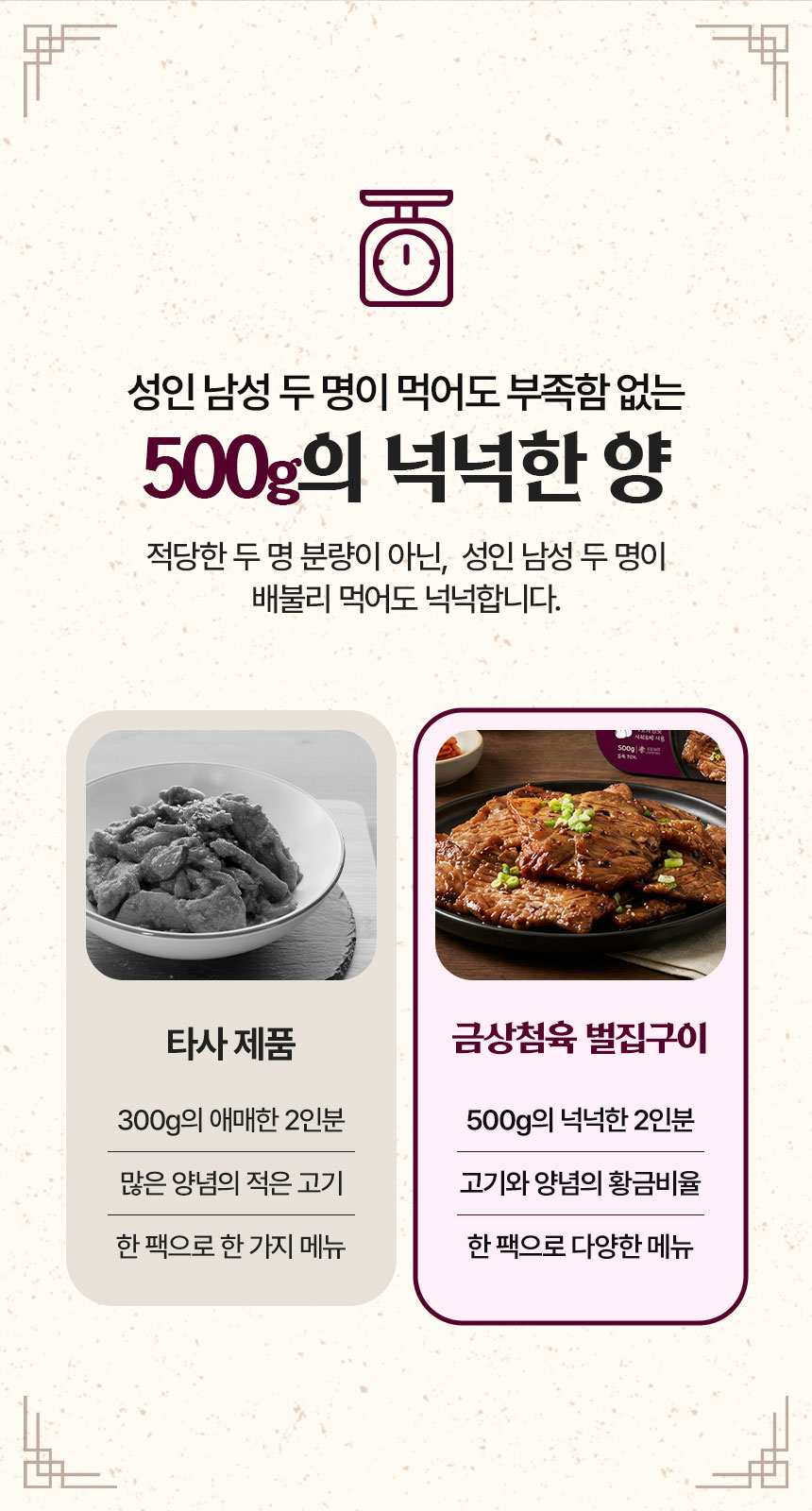 어두운 배경 위에 금상첨육 브랜드 무드와 제품 특징을 강조한 상세페이지 정보 구간