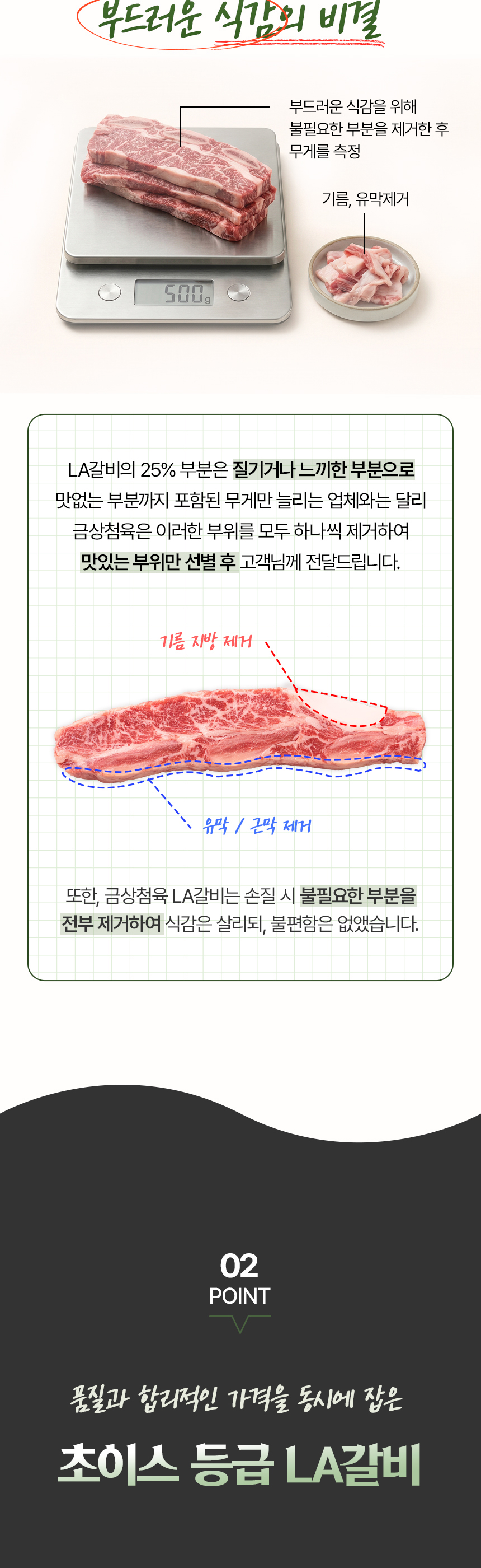 갈비 부위와 육질, 숙성 포인트를 설명하는 상세페이지 정보 구간