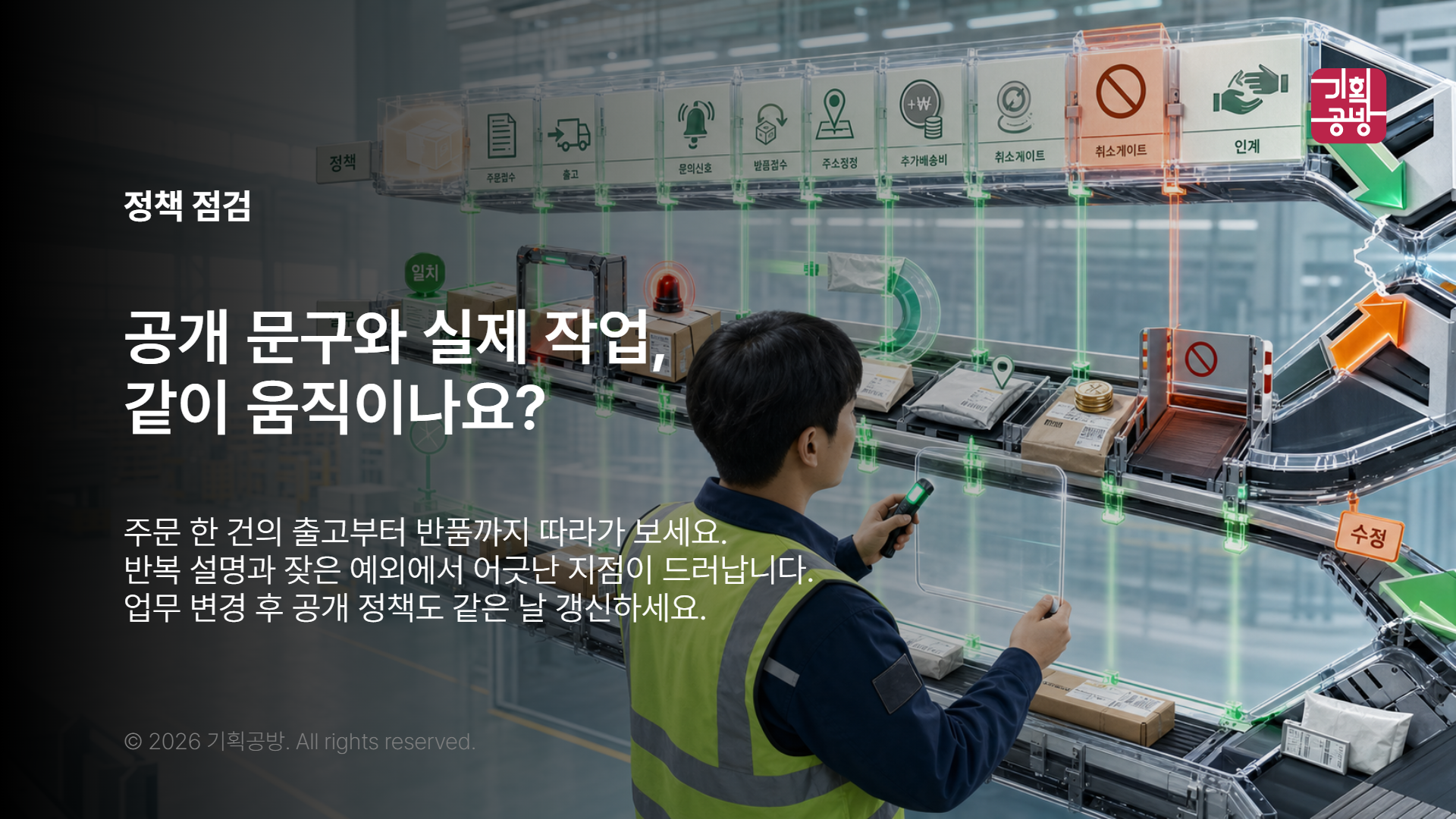 공개 정책과 물류 작업을 대조하는 담당자 장면