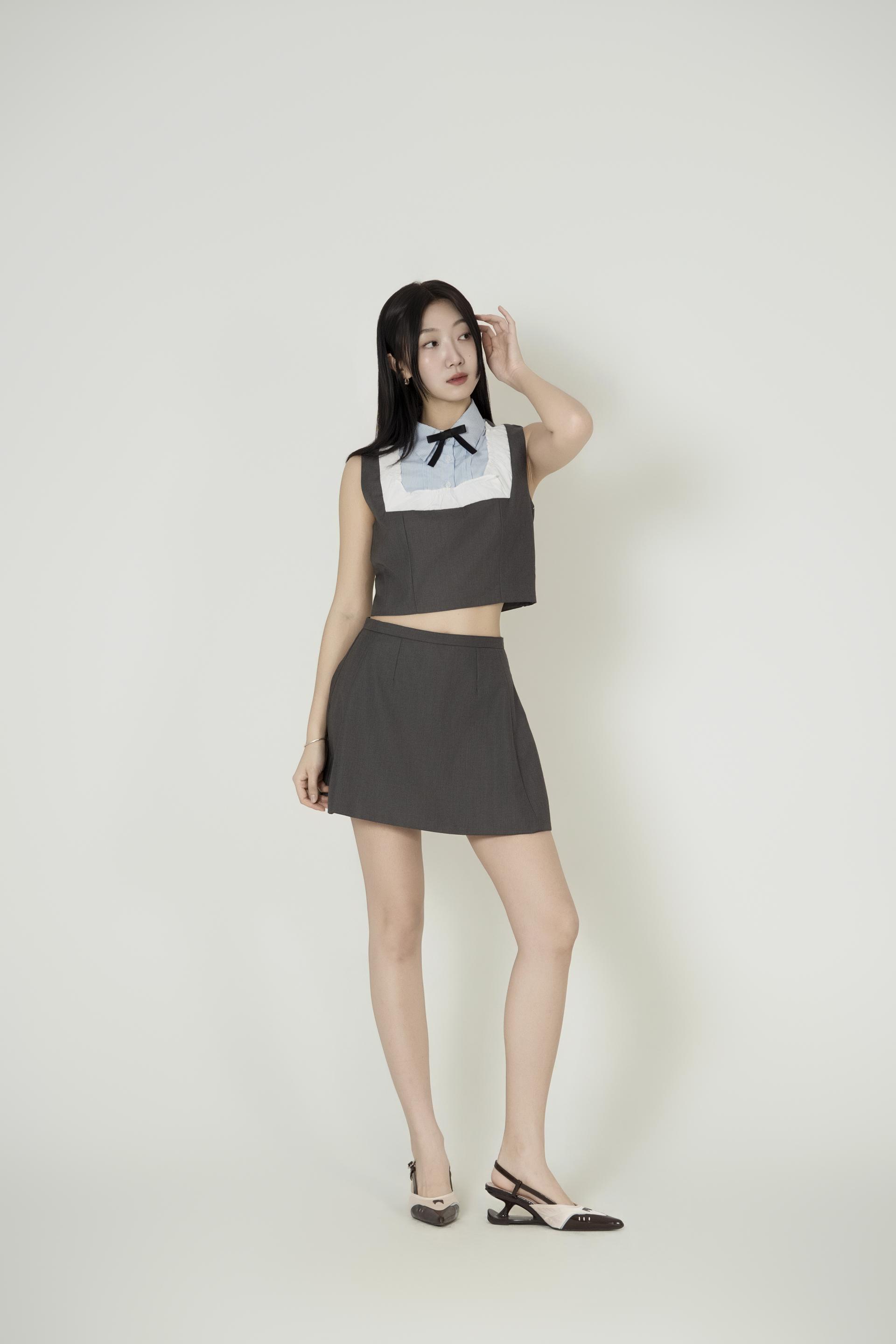 배색 리본칼라 크롭 투피스