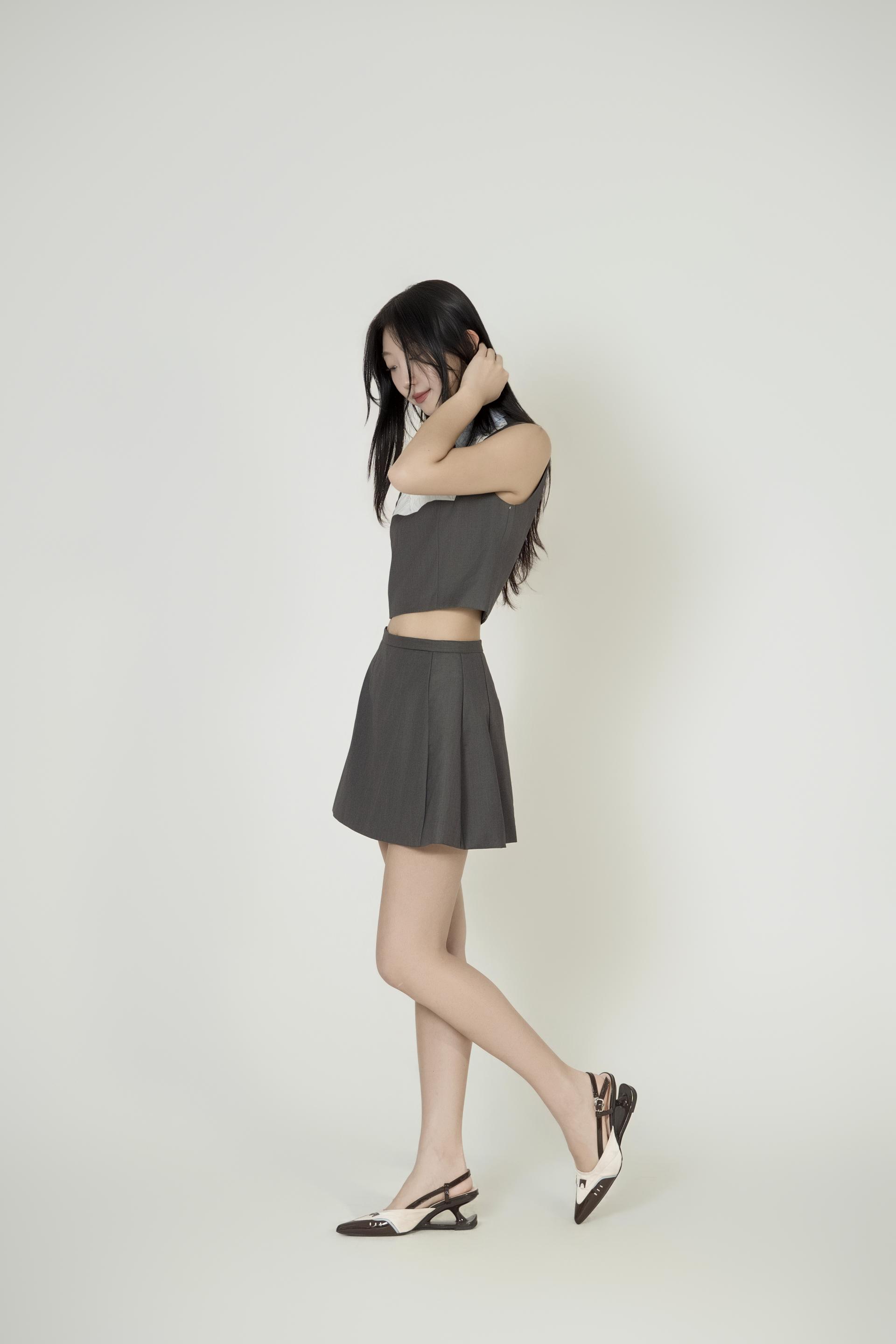 배색 리본칼라 크롭 투피스