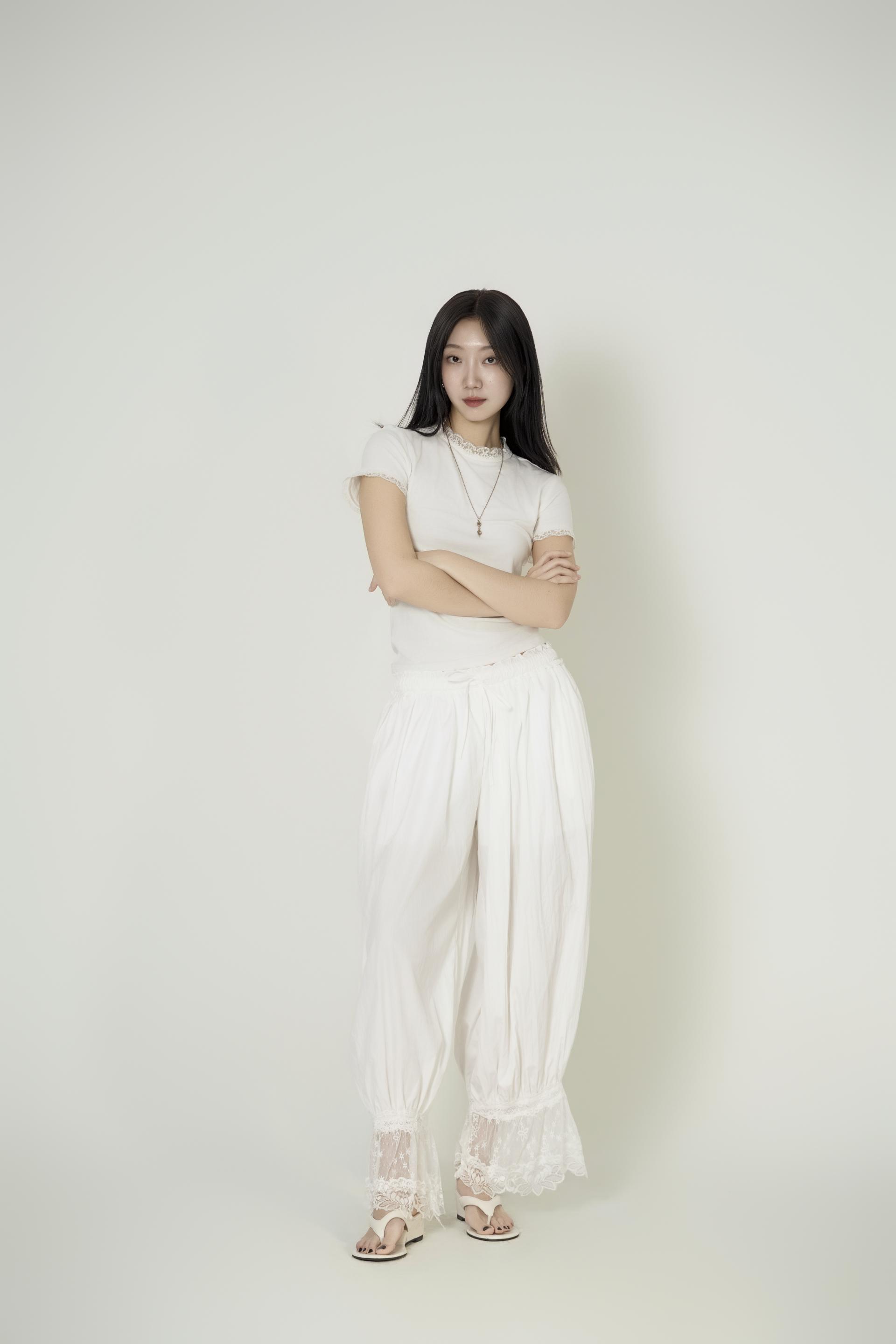 레이스 트림 슬림 티셔츠, 밴딩 조거 팬츠 세트