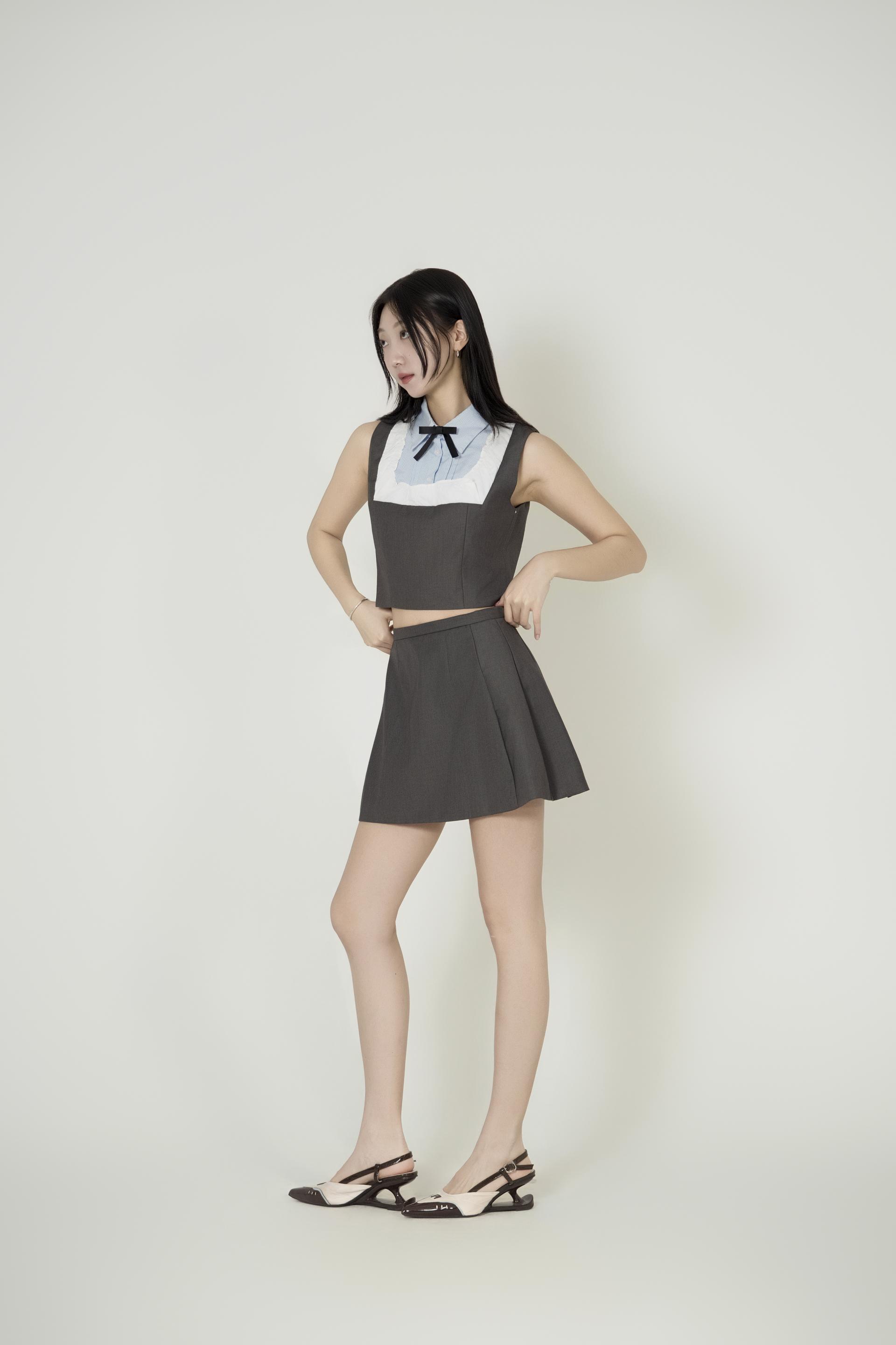 배색 리본칼라 크롭 투피스
