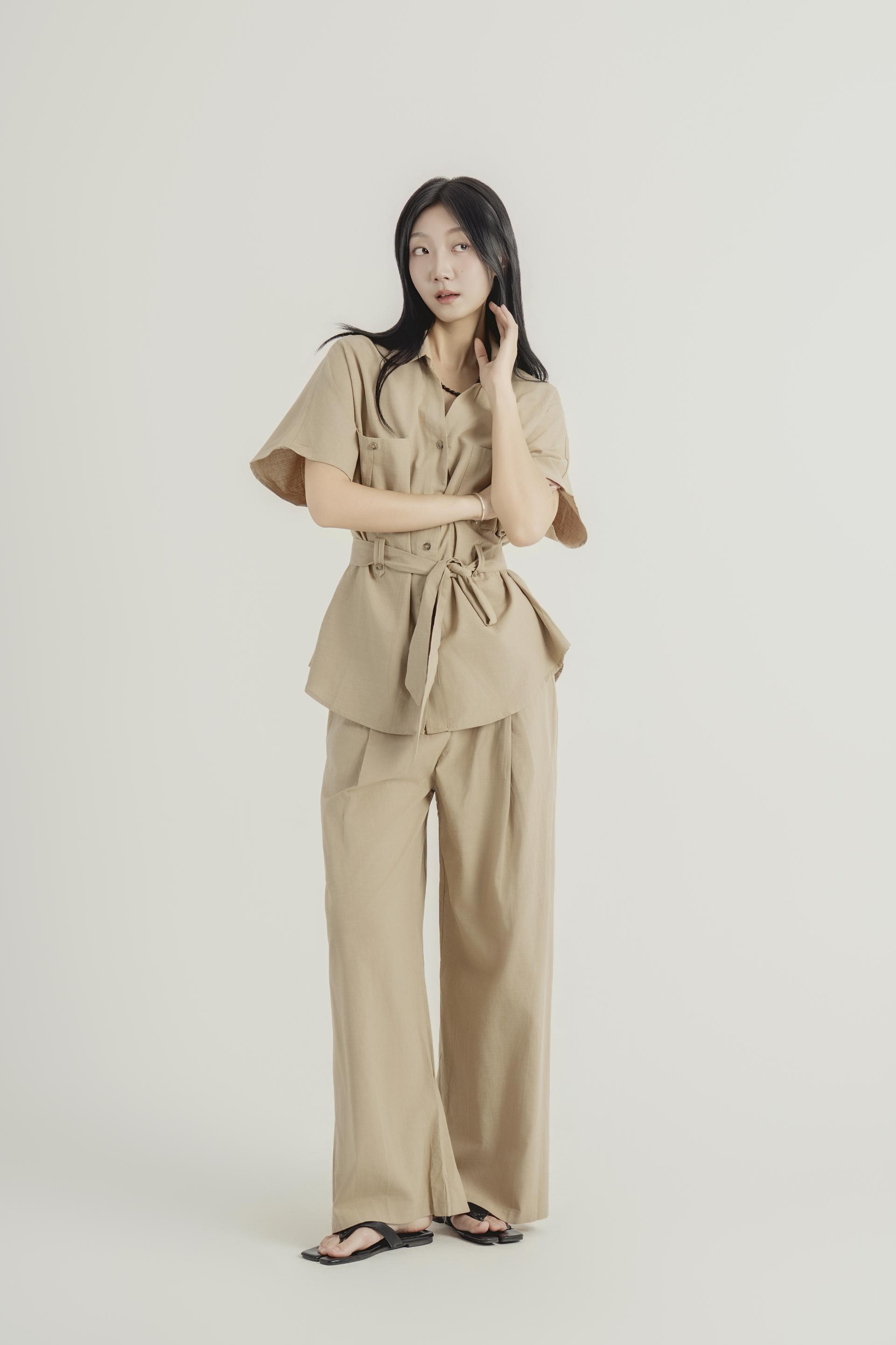 린넨 스트랩 셔츠 와이드 팬츠 셋업