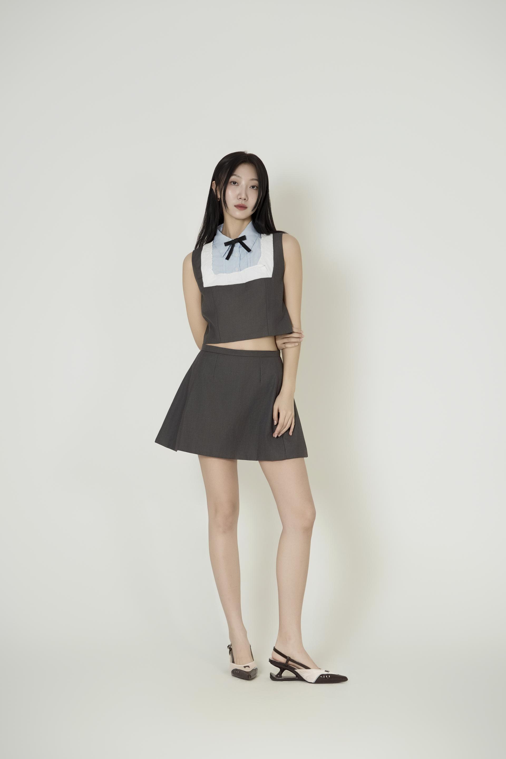 배색 리본칼라 크롭 투피스