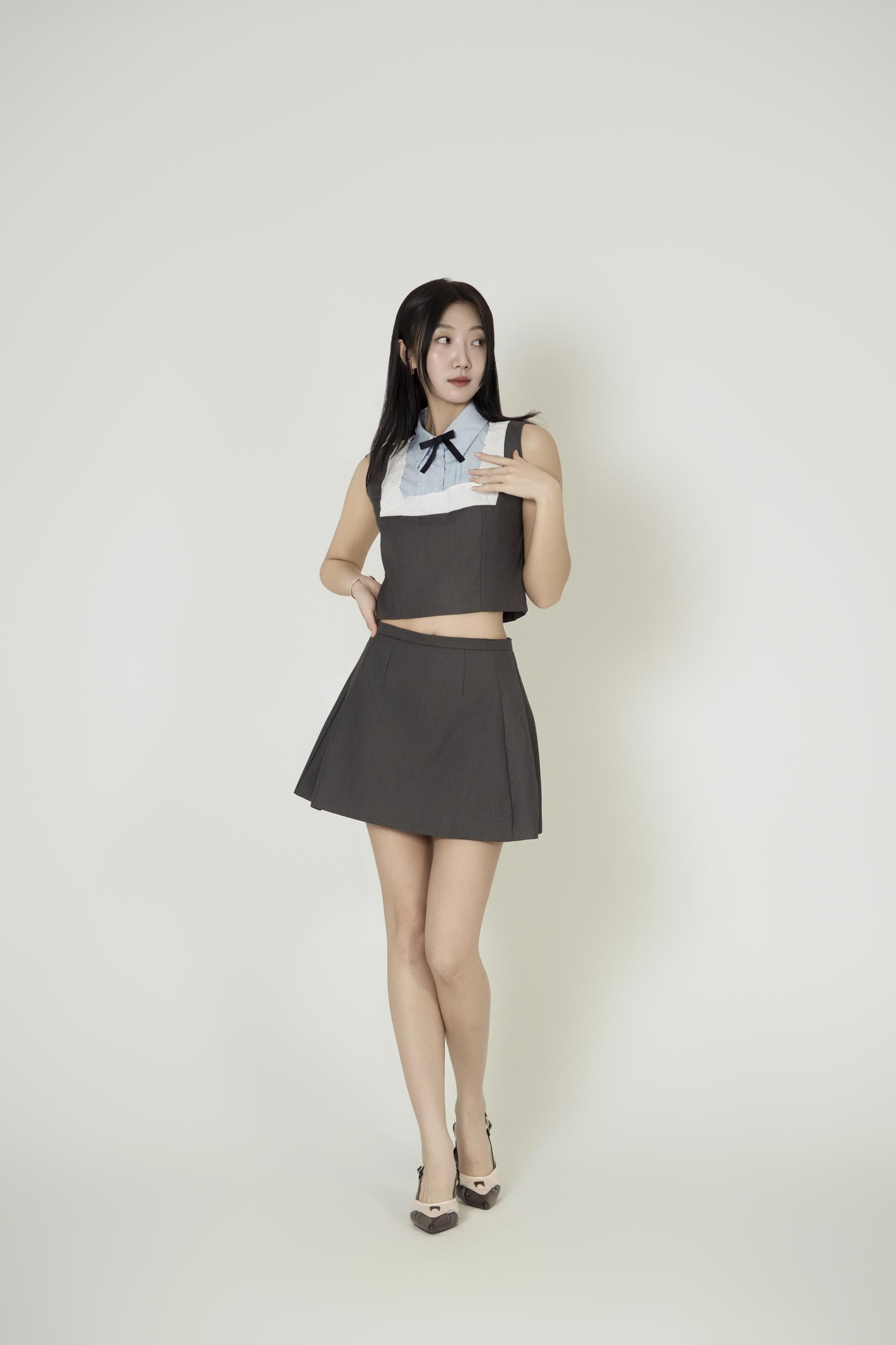 배색 리본칼라 크롭 투피스
