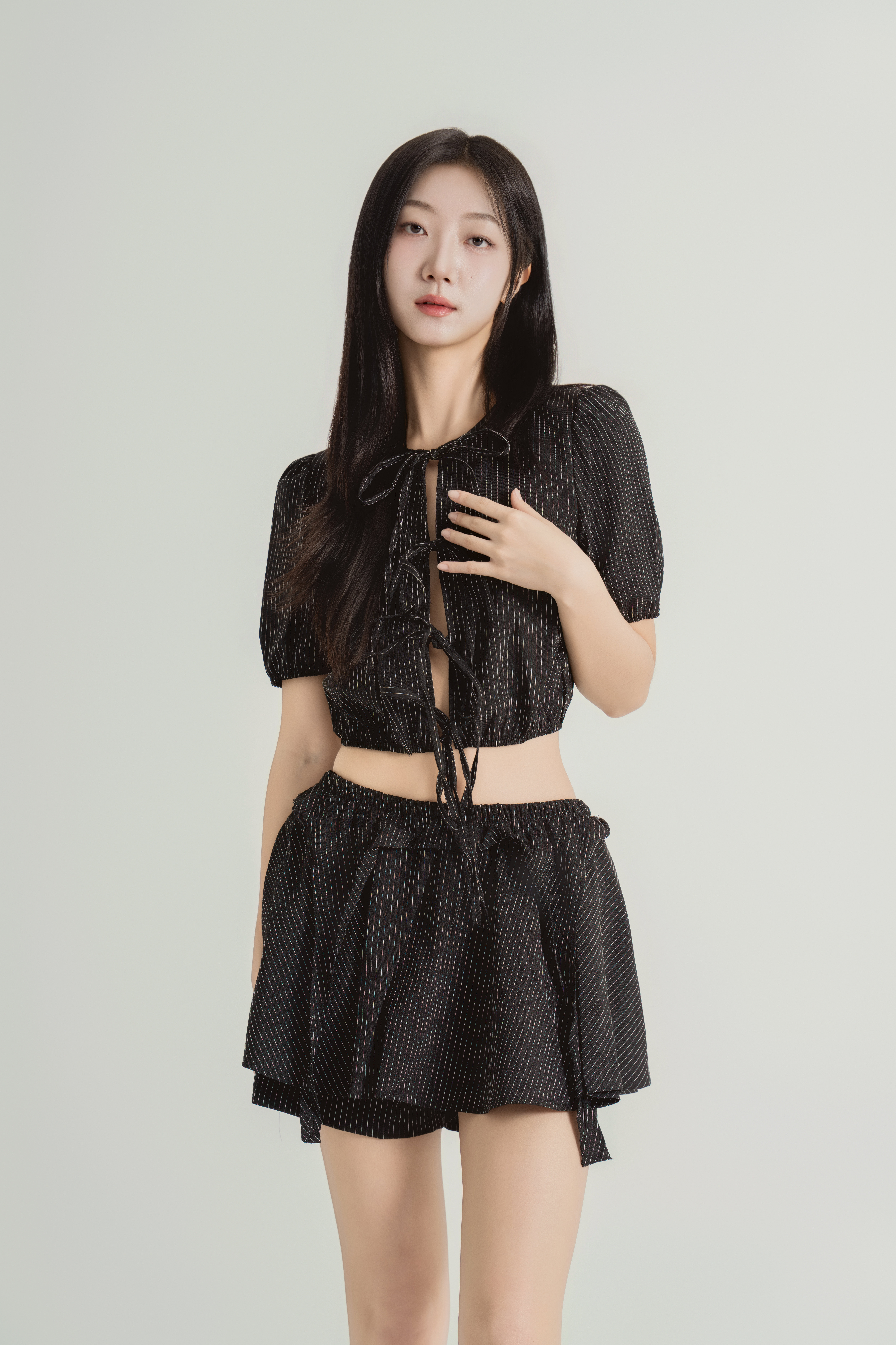 스트라이프 리본 크롭 쇼츠 셋업