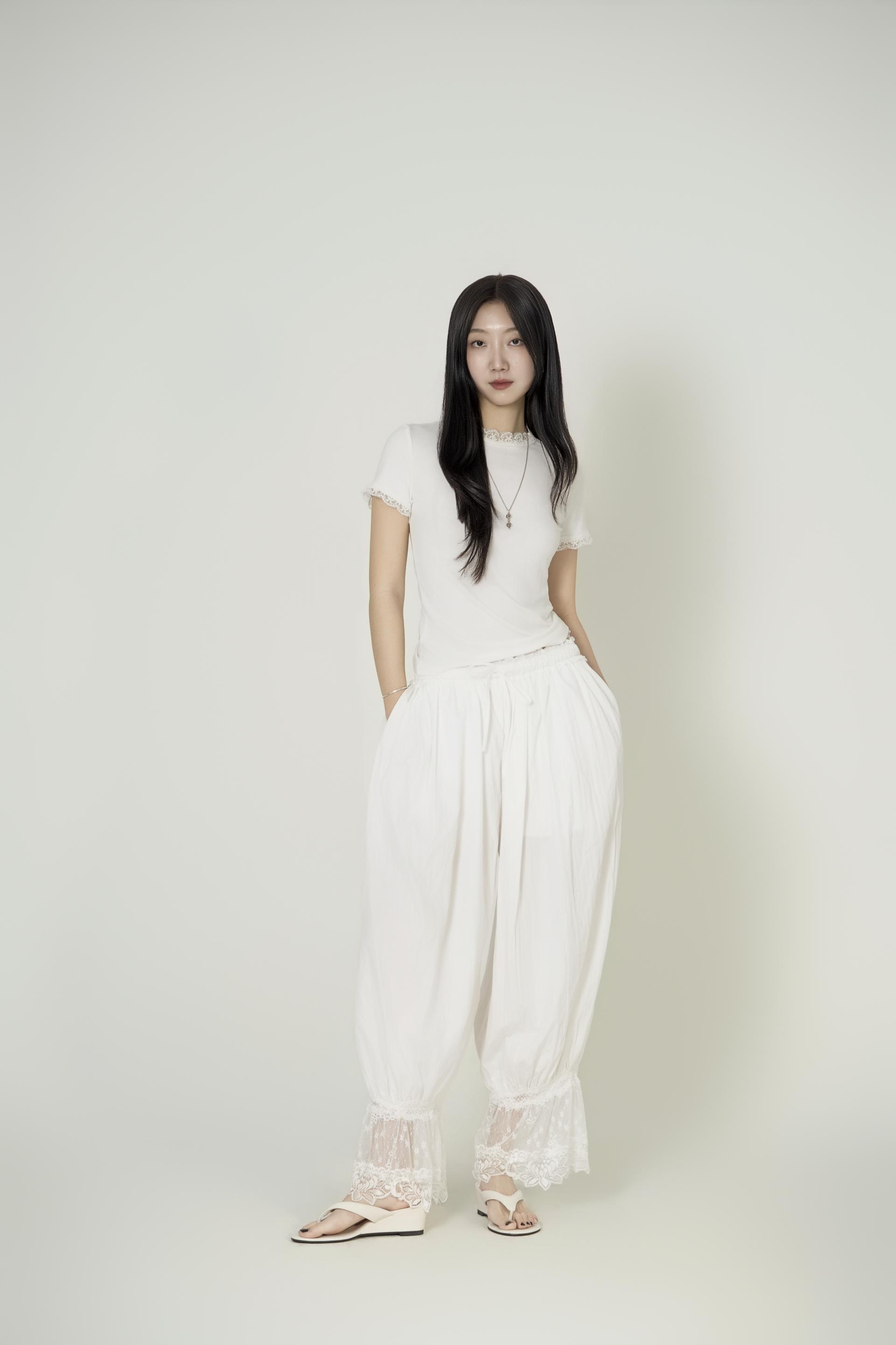 레이스 트림 슬림 티셔츠, 밴딩 조거 팬츠 세트