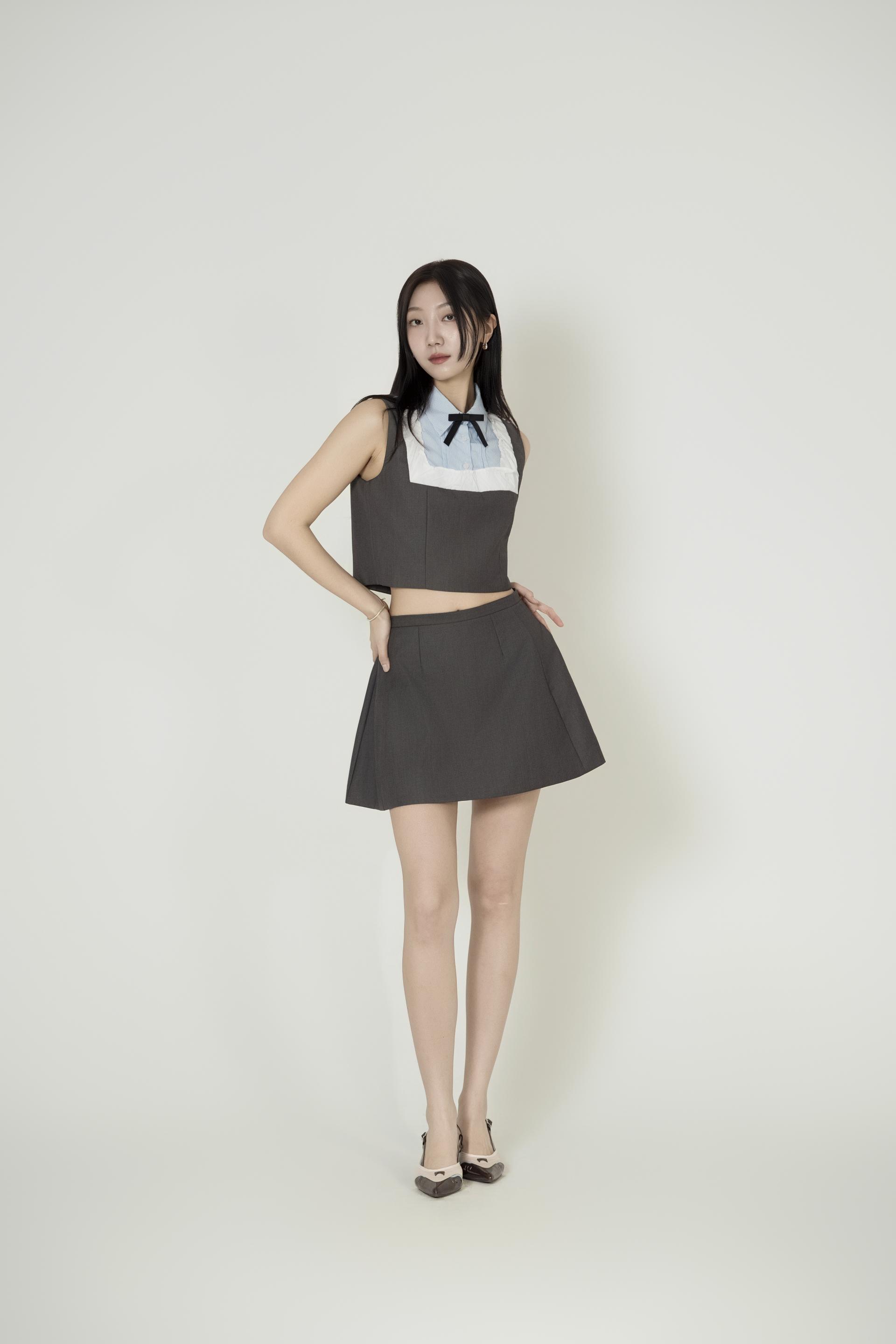 배색 리본칼라 크롭 투피스