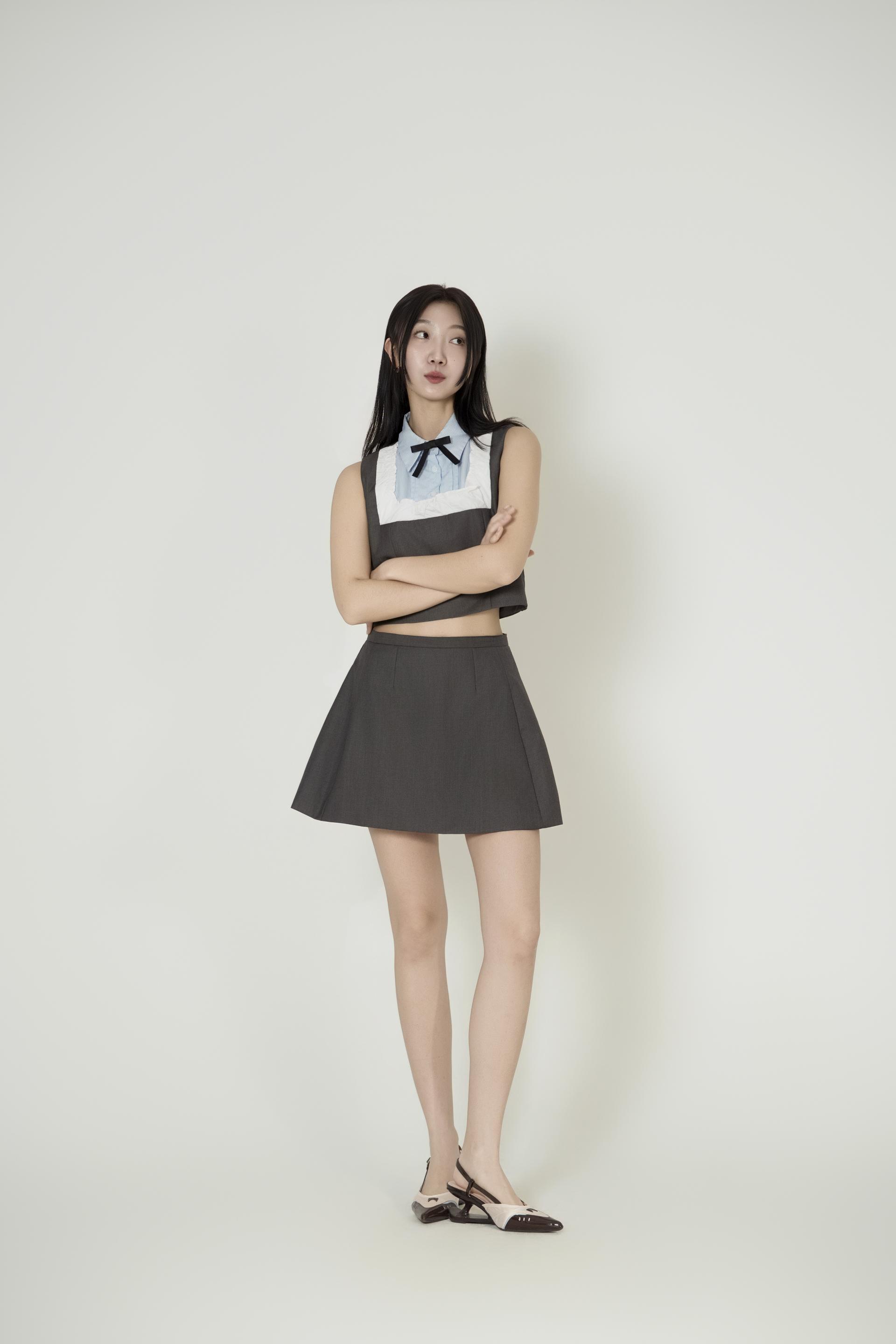 배색 리본칼라 크롭 투피스