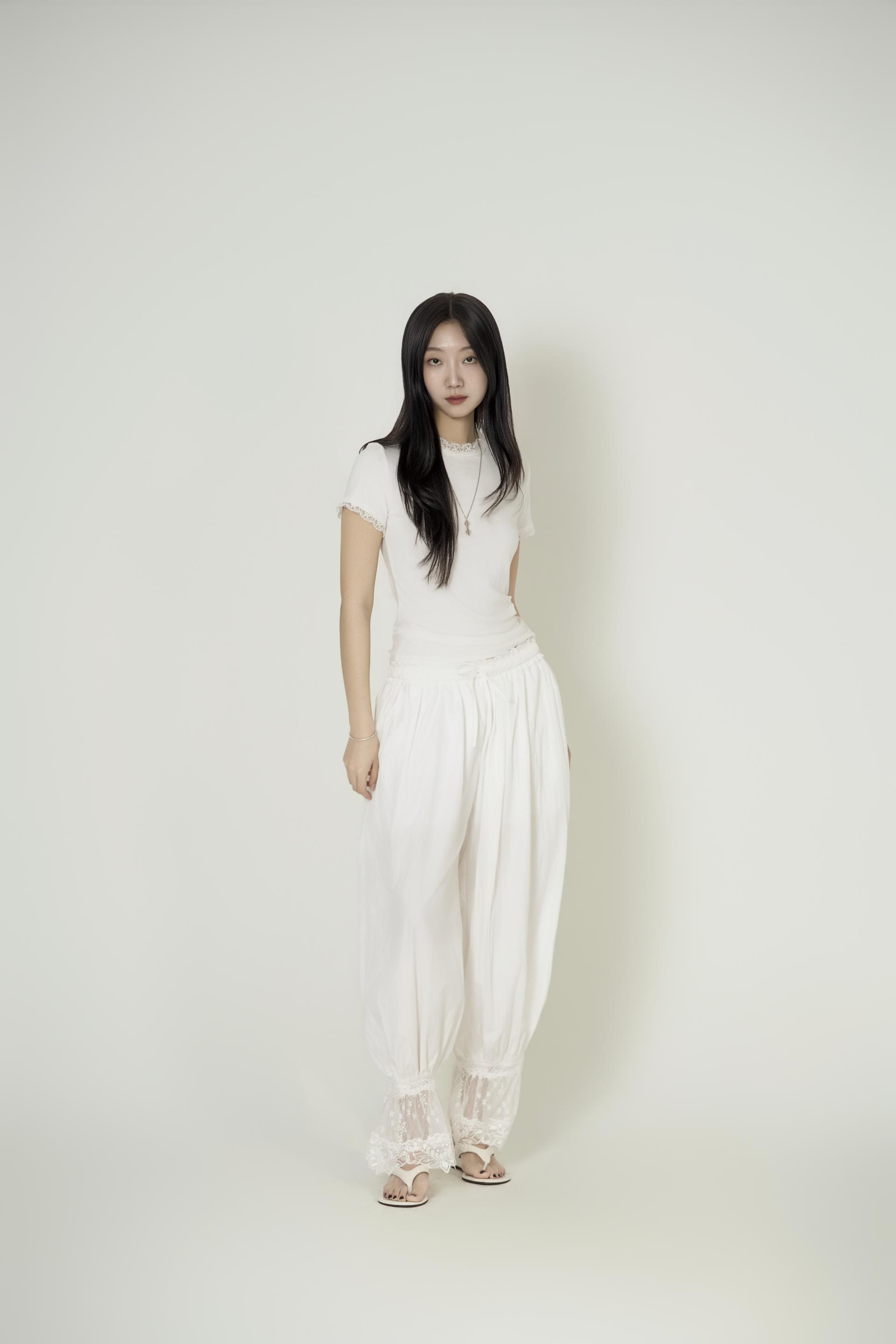 레이스 트림 슬림 티셔츠, 밴딩 조거 팬츠 세트