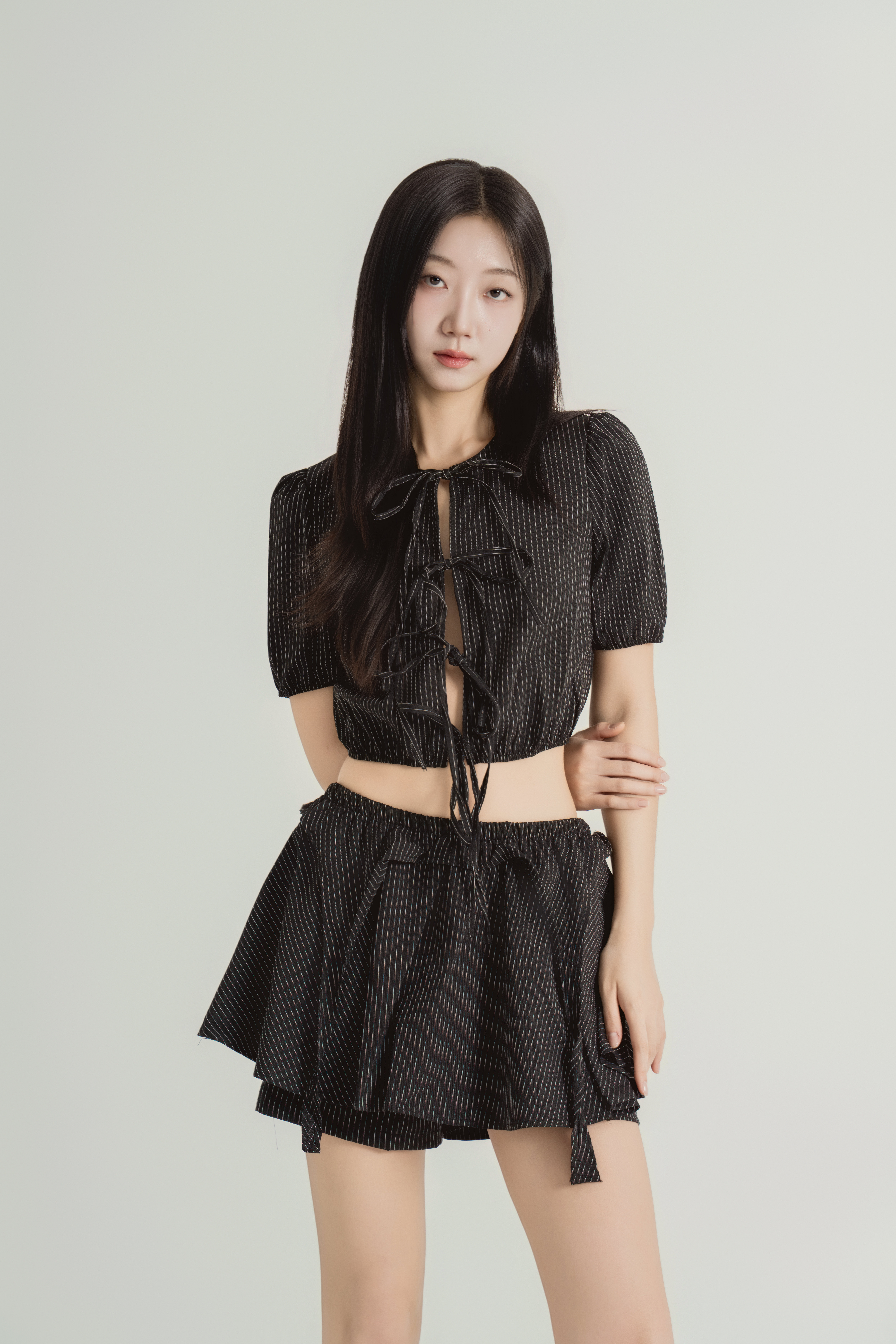 스트라이프 리본 크롭 쇼츠 셋업