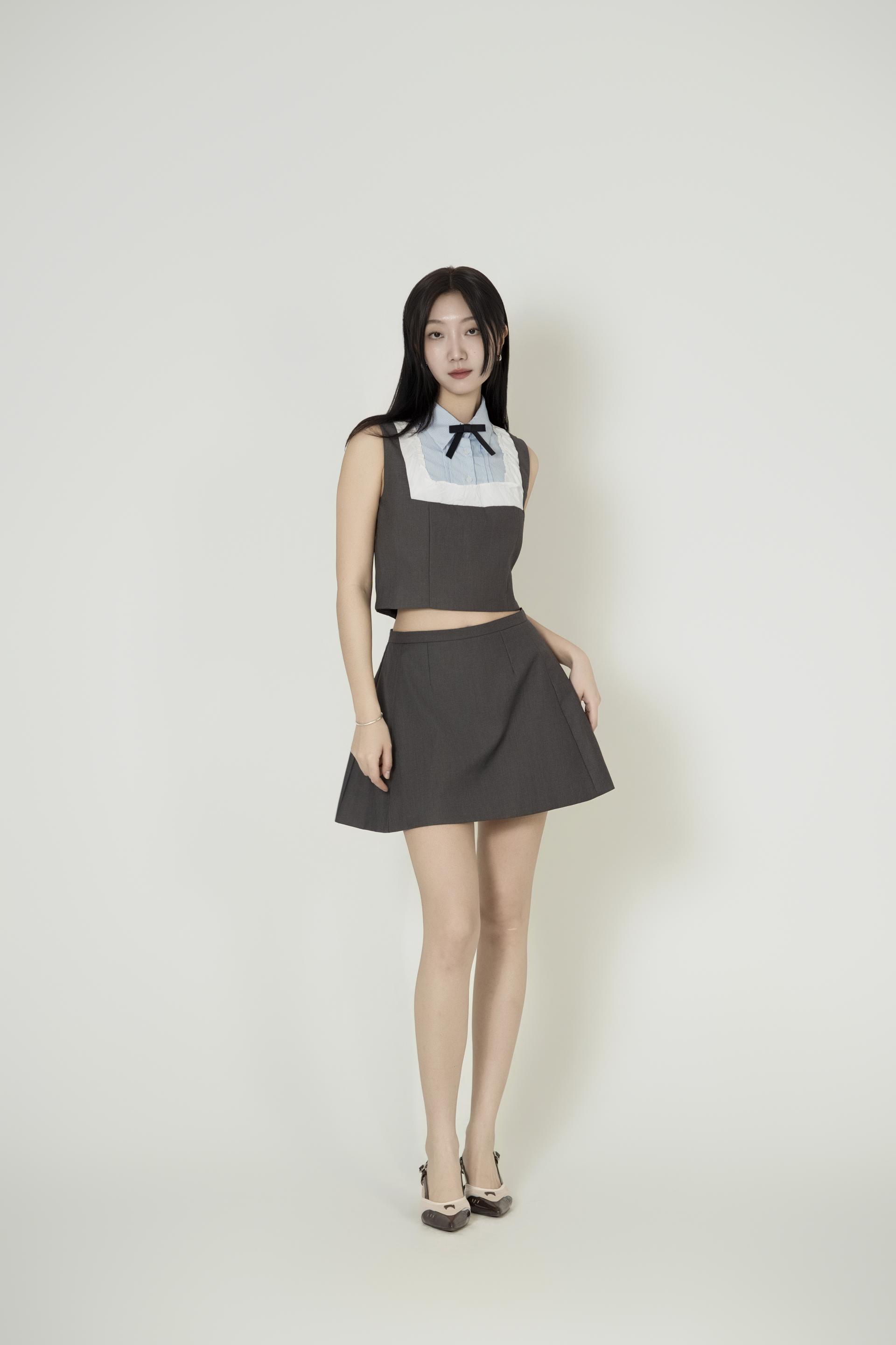 배색 리본칼라 크롭 투피스