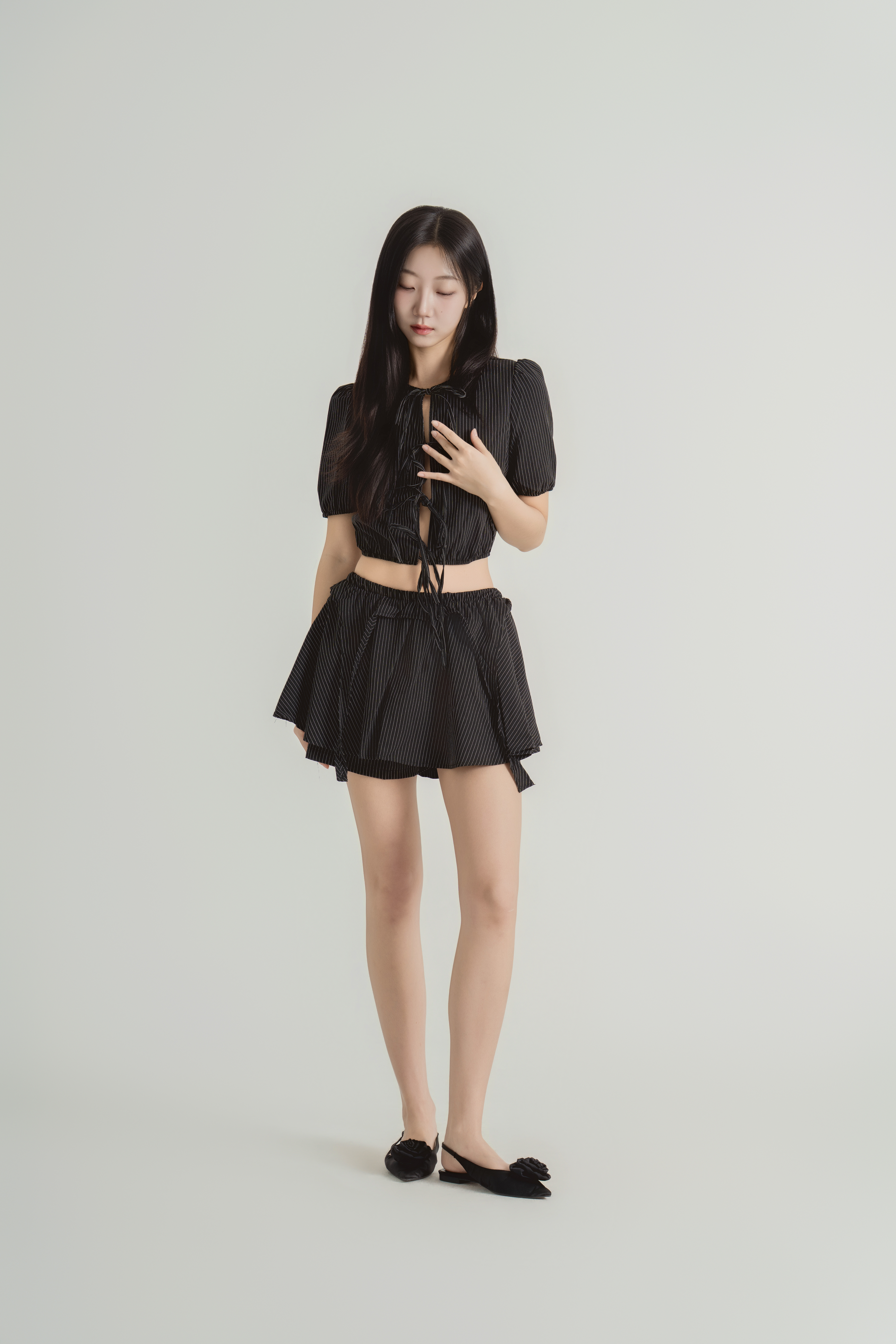 스트라이프 리본 크롭 쇼츠 셋업