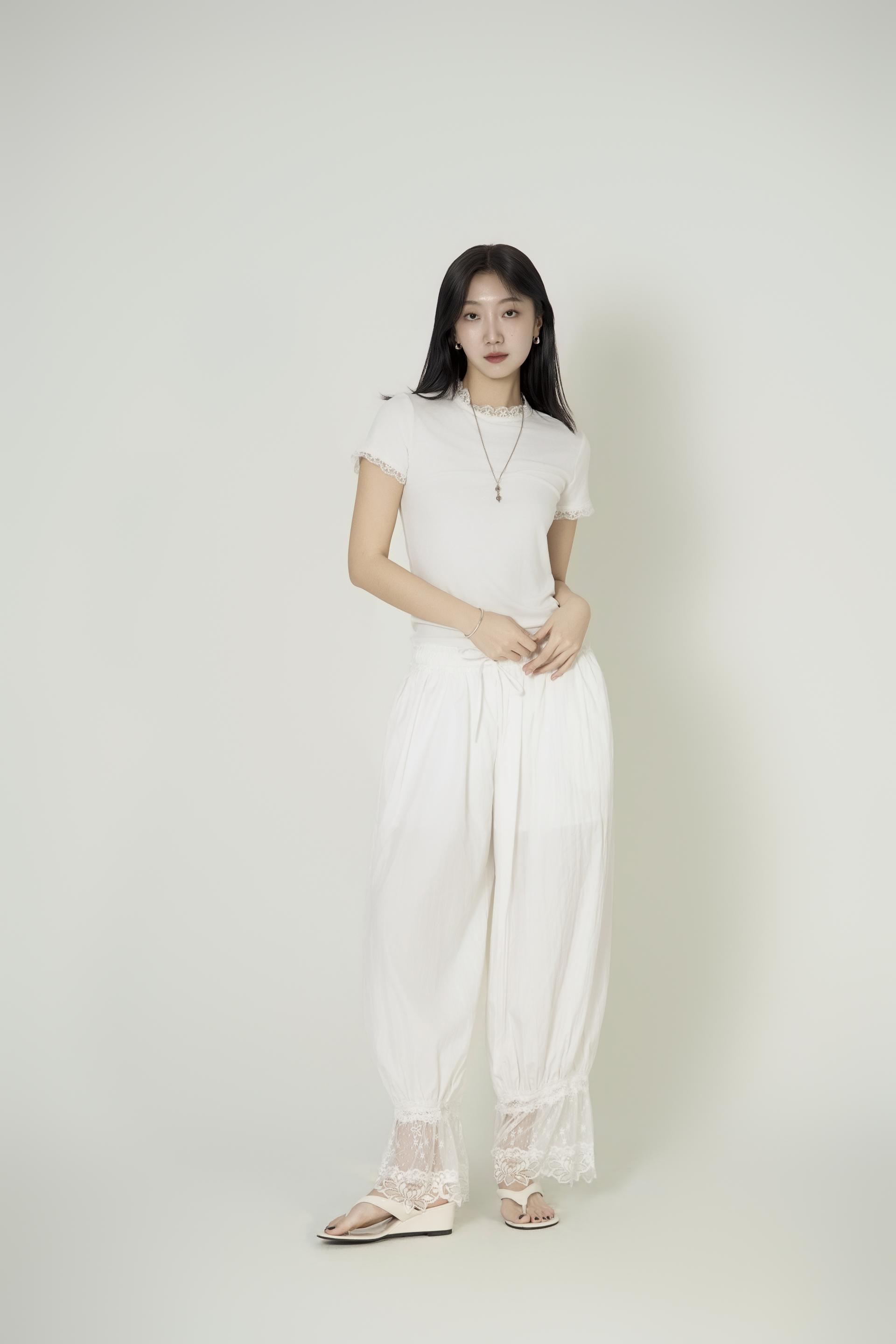 레이스 트림 슬림 티셔츠, 밴딩 조거 팬츠 세트
