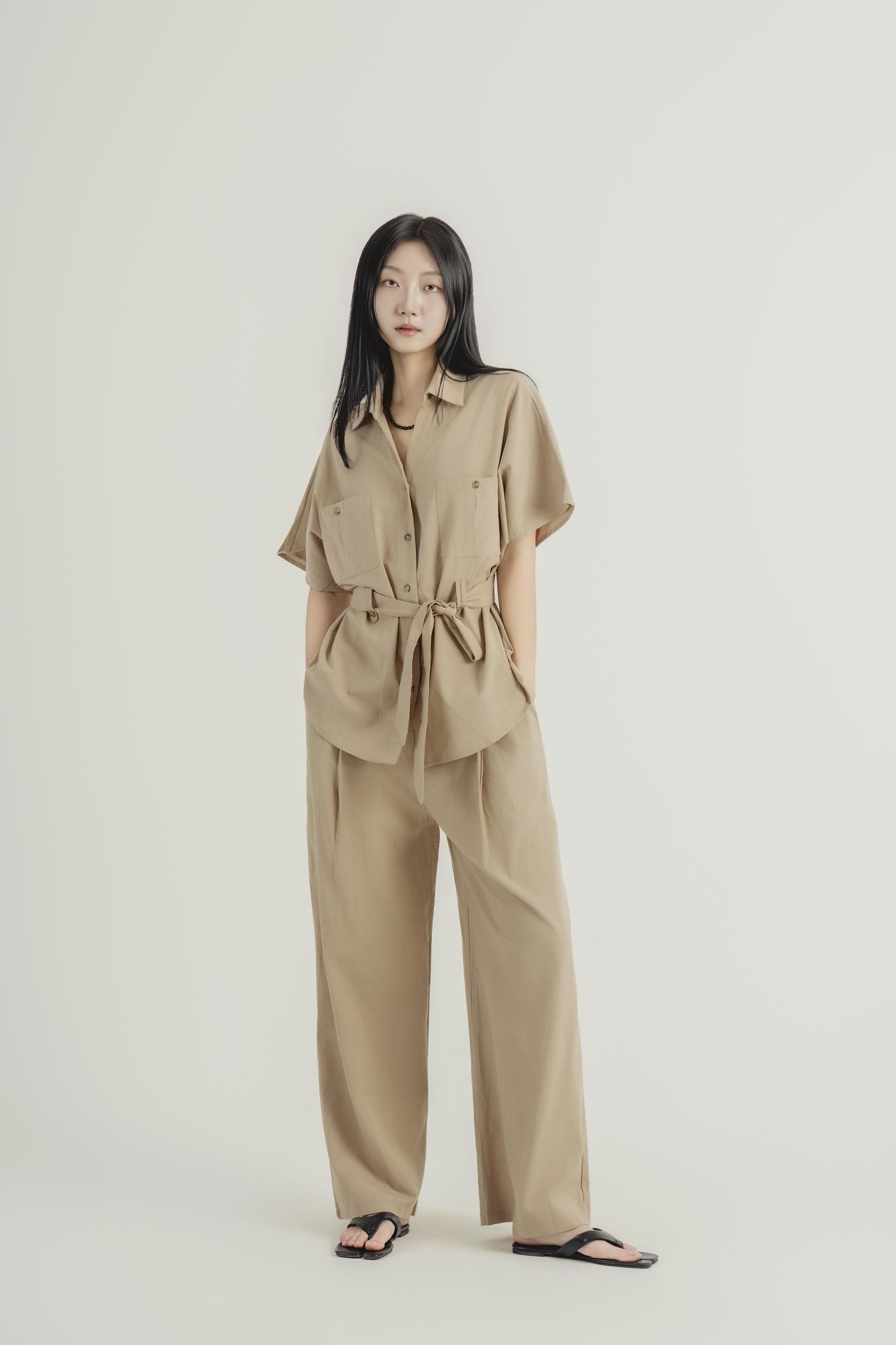 린넨 스트랩 셔츠 와이드 팬츠 셋업