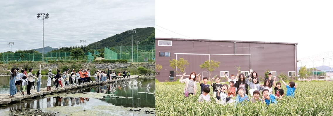 청도천 수질정화 활동 EM 흙공 던지기(좌)와 마늘쫑 수확체험(우) 등 마을학교 활동사진