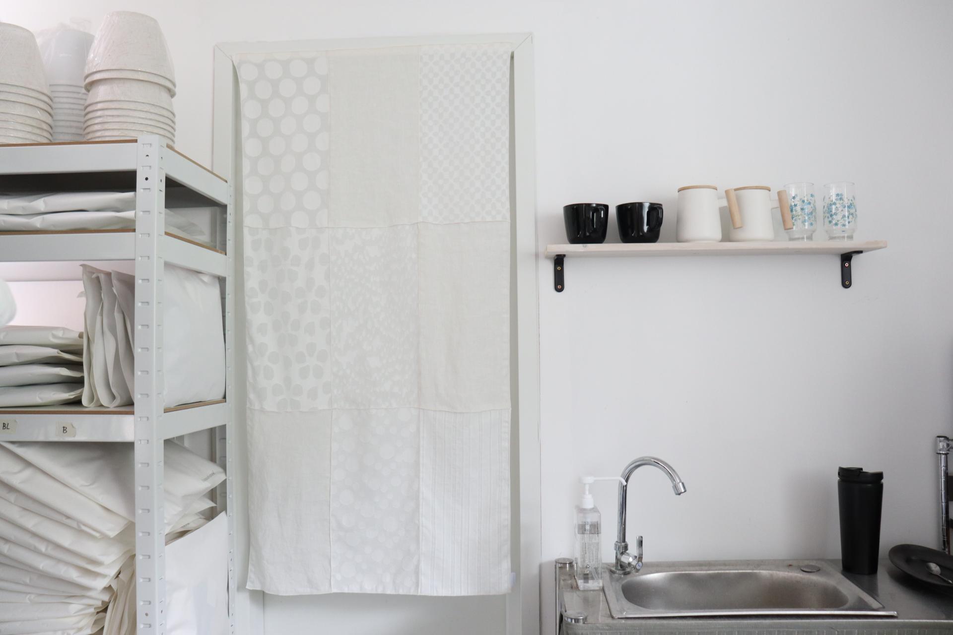 white patchwork door curtain
