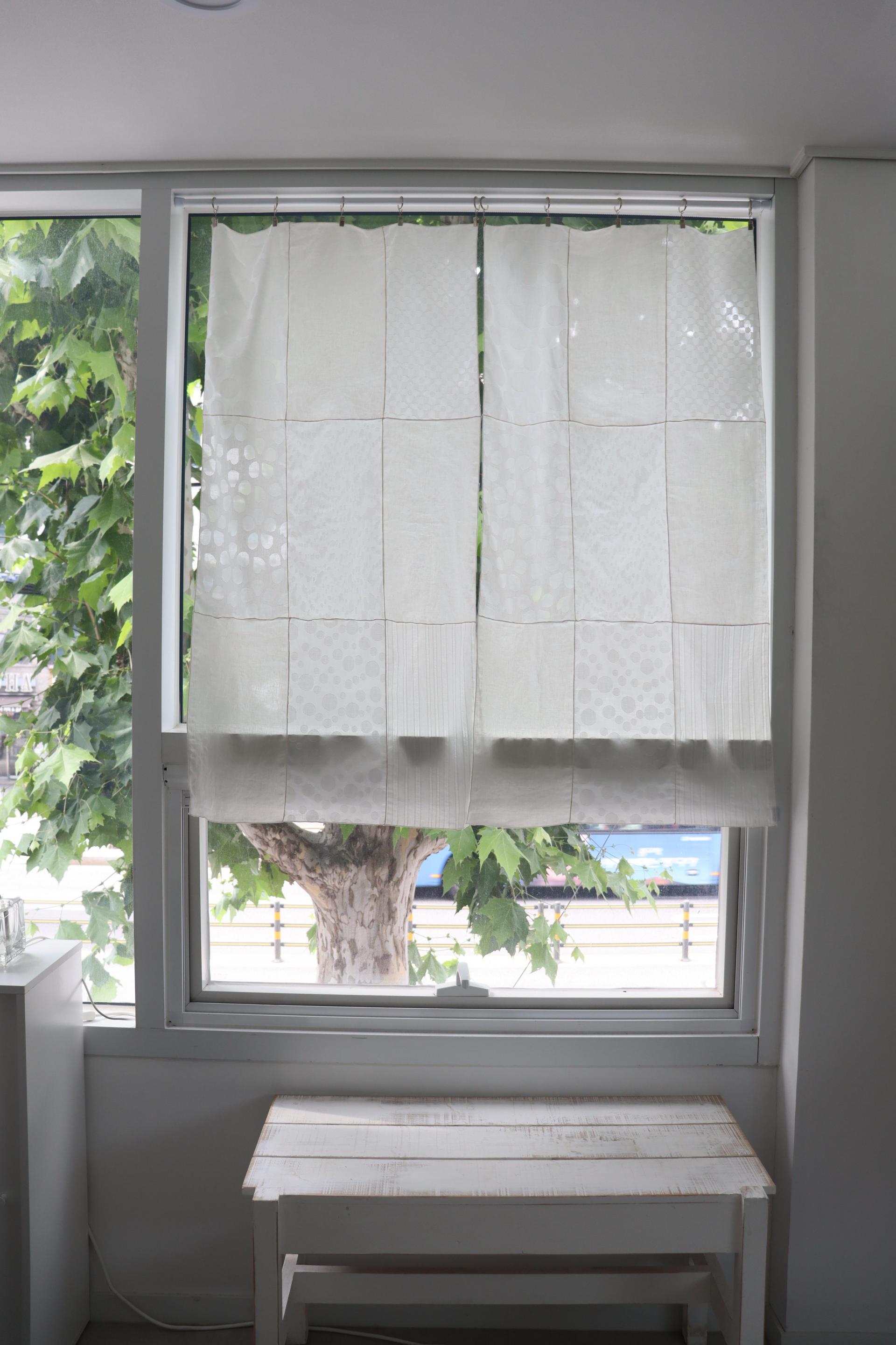 white patchwork door curtain