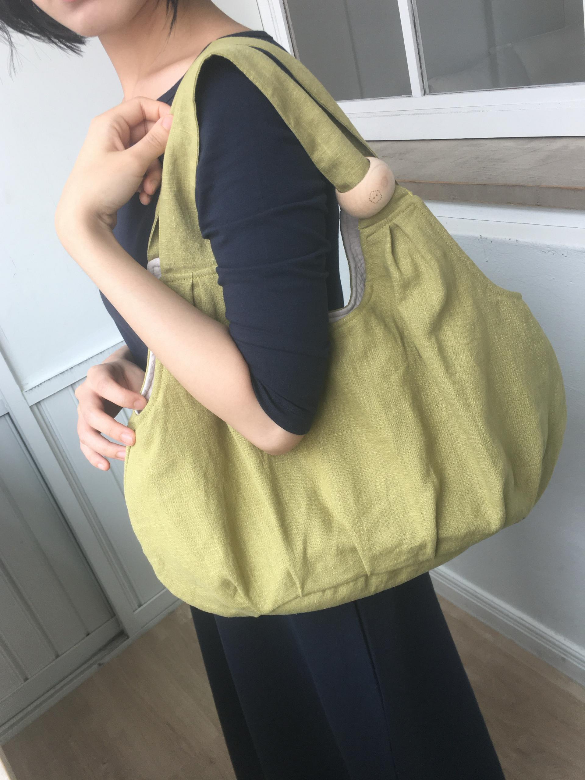 green apple linen puff bag