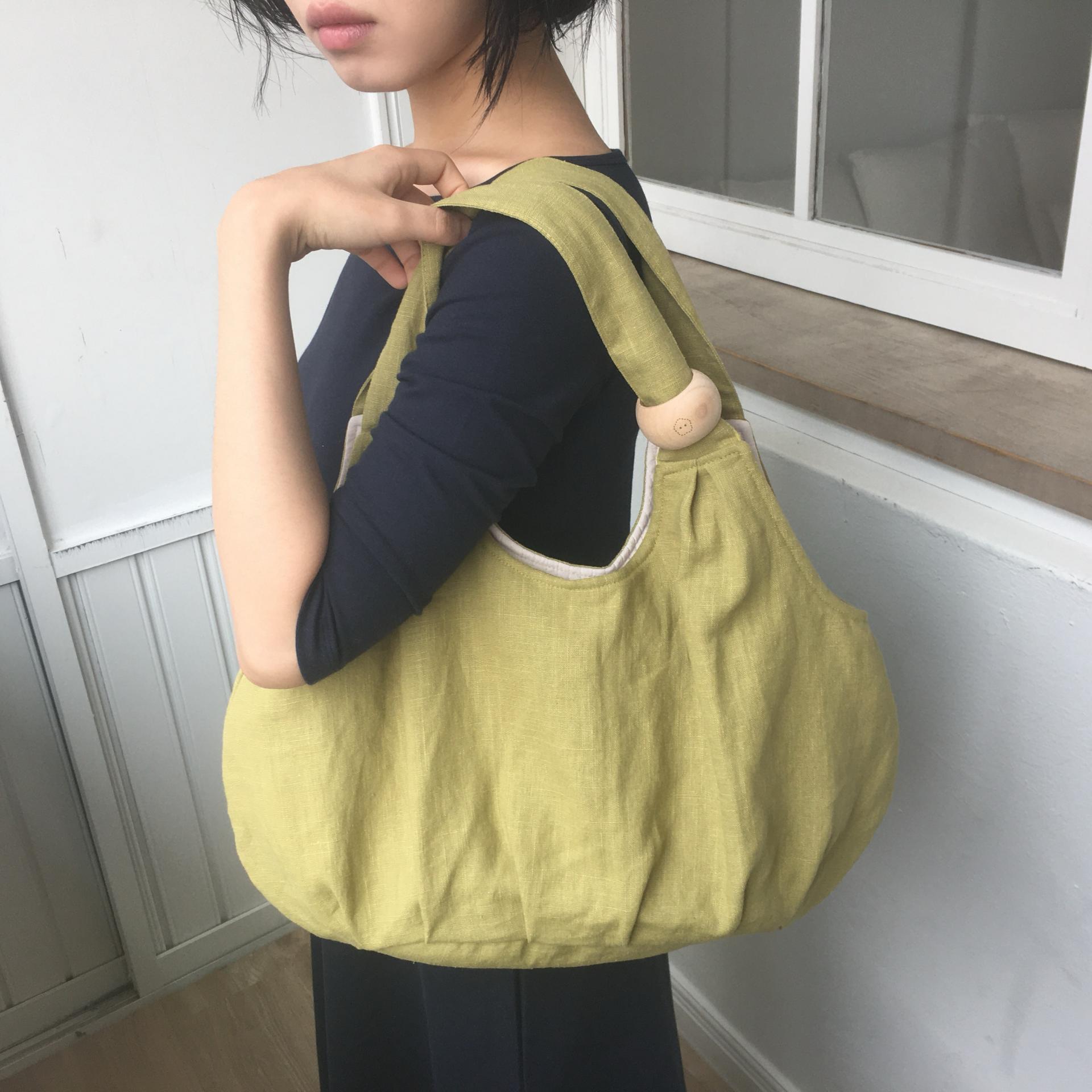 green apple linen puff bag