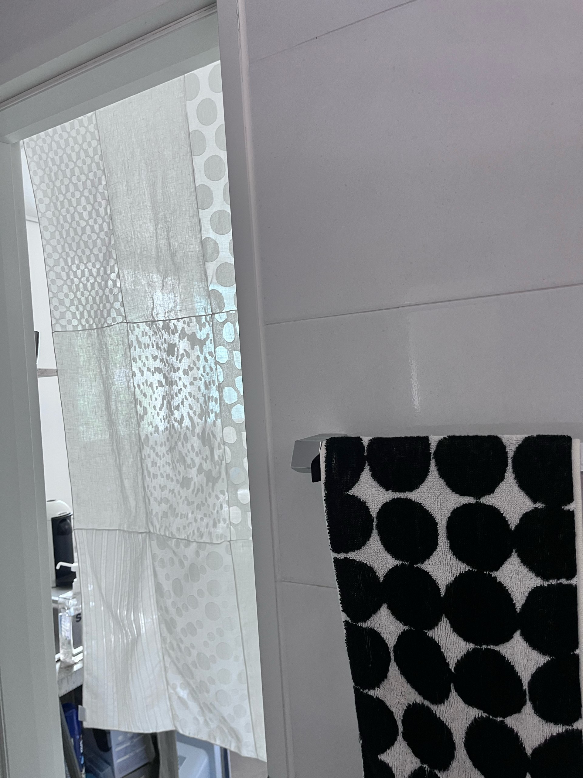 white patchwork door curtain