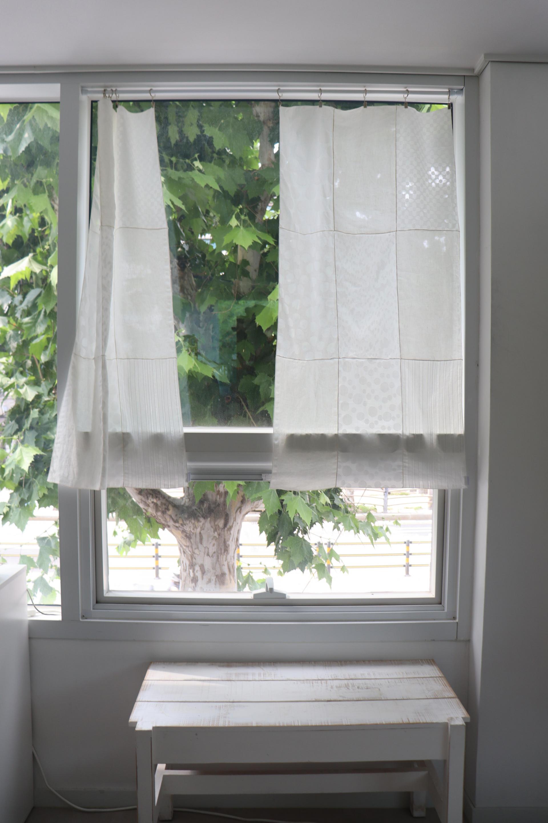 white patchwork door curtain