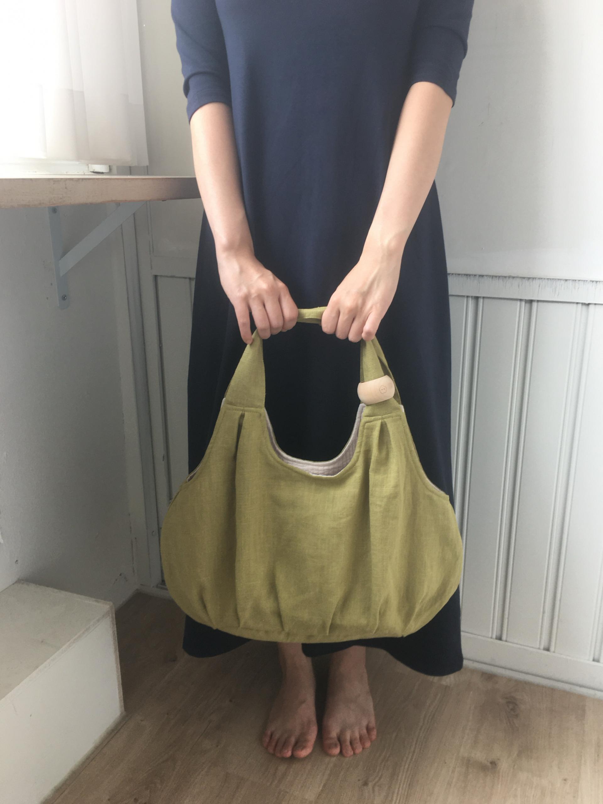 green apple linen puff bag