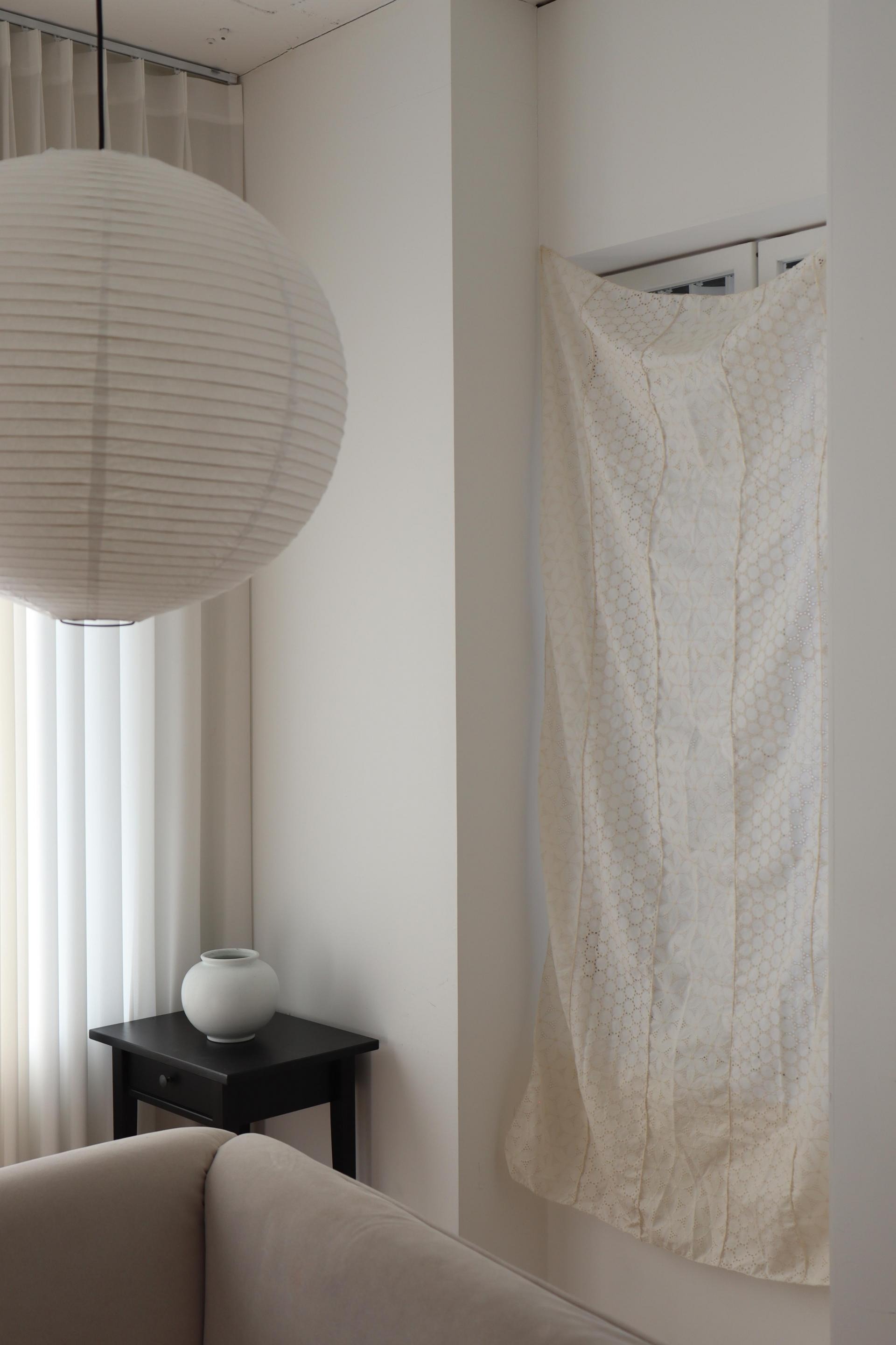 white patchwork door curtain