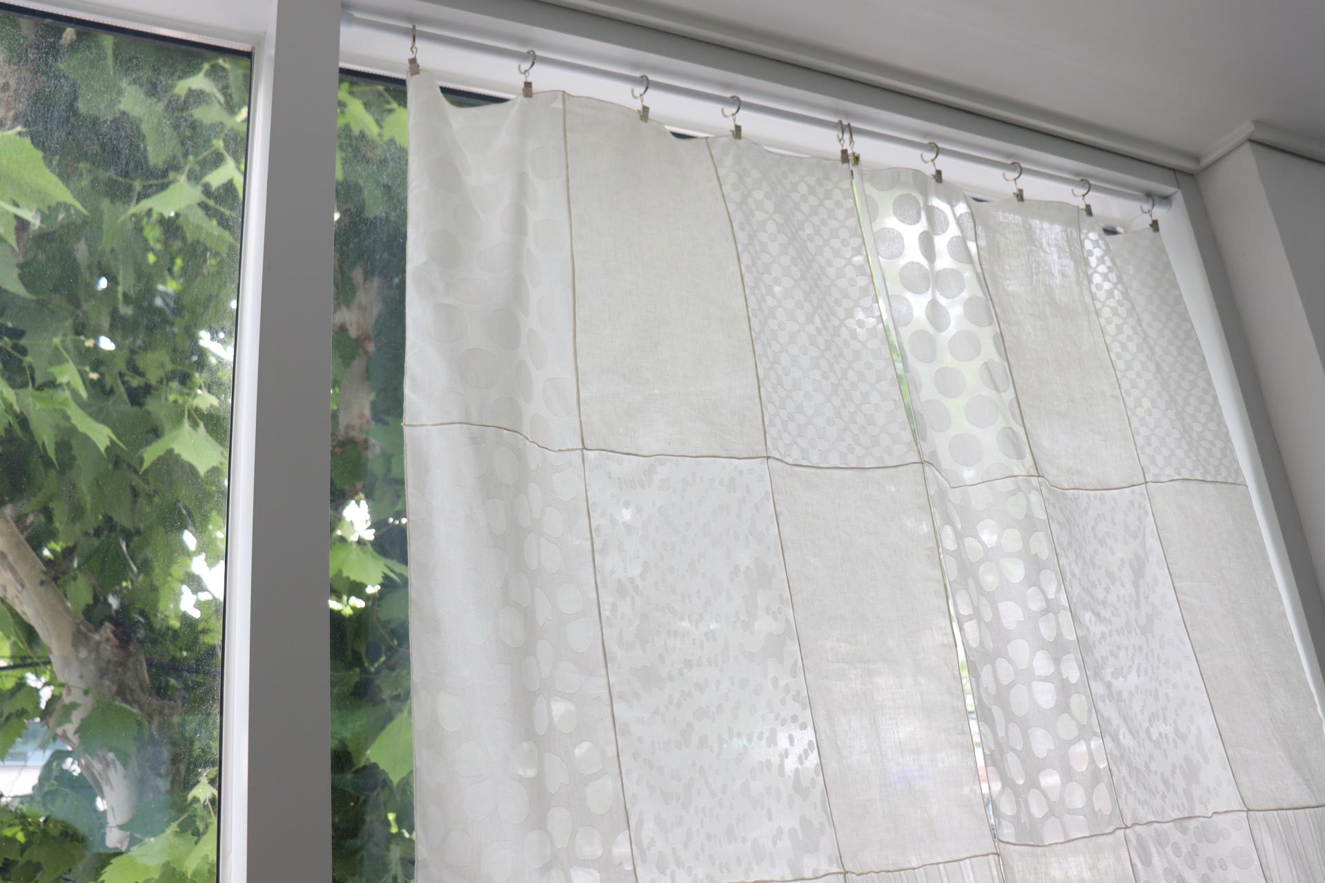 white patchwork door curtain