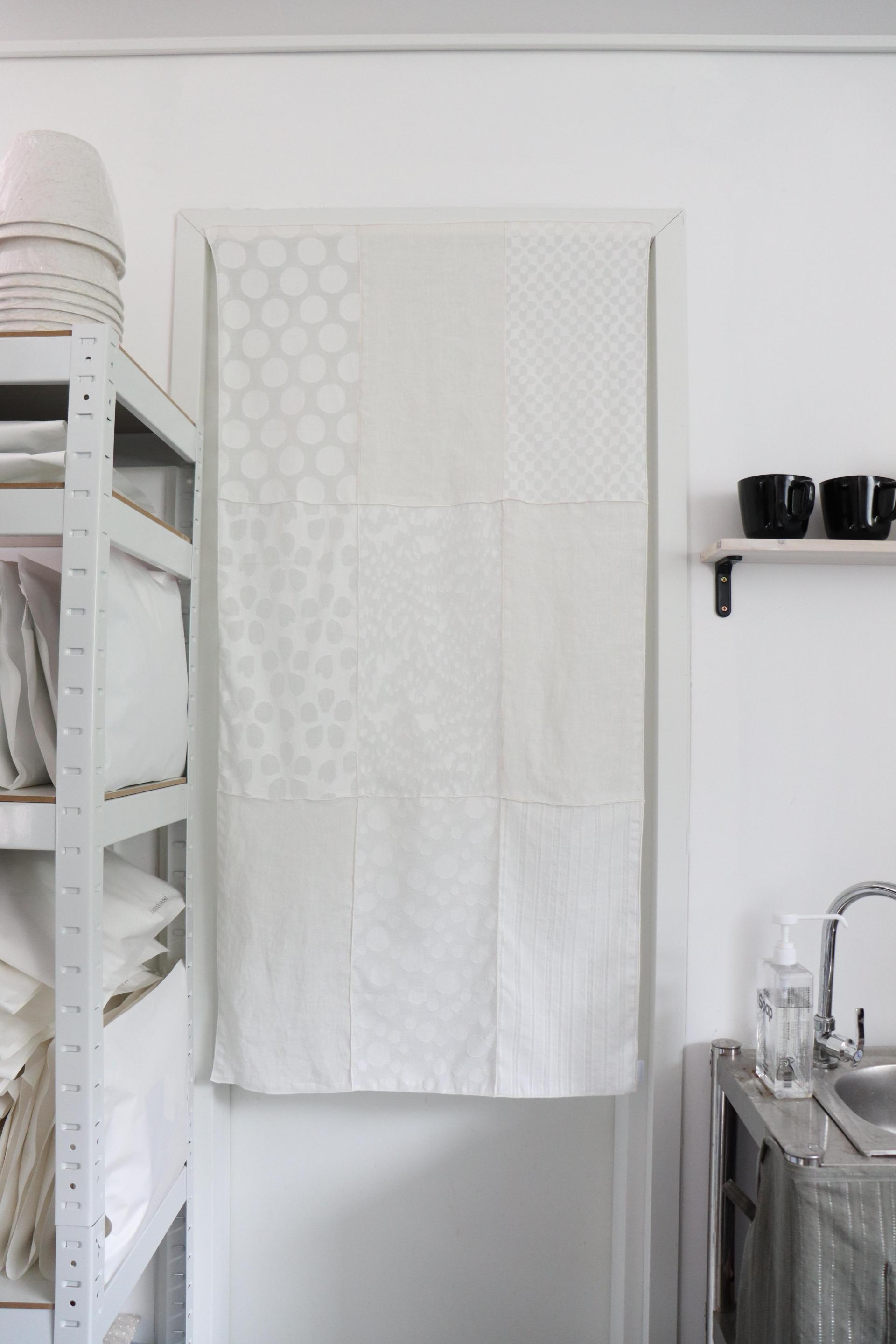 white patchwork door curtain