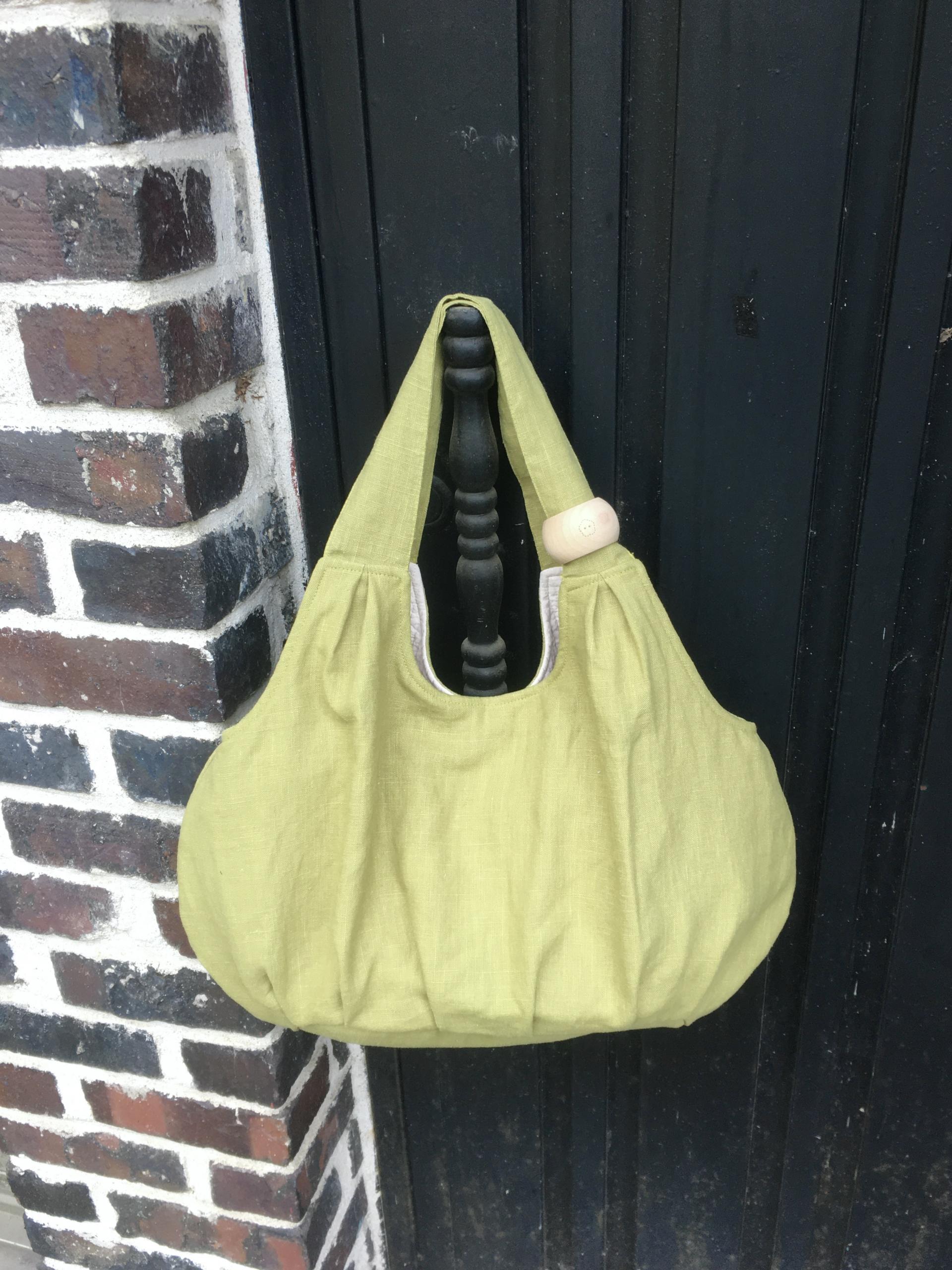 plum linen puff bag