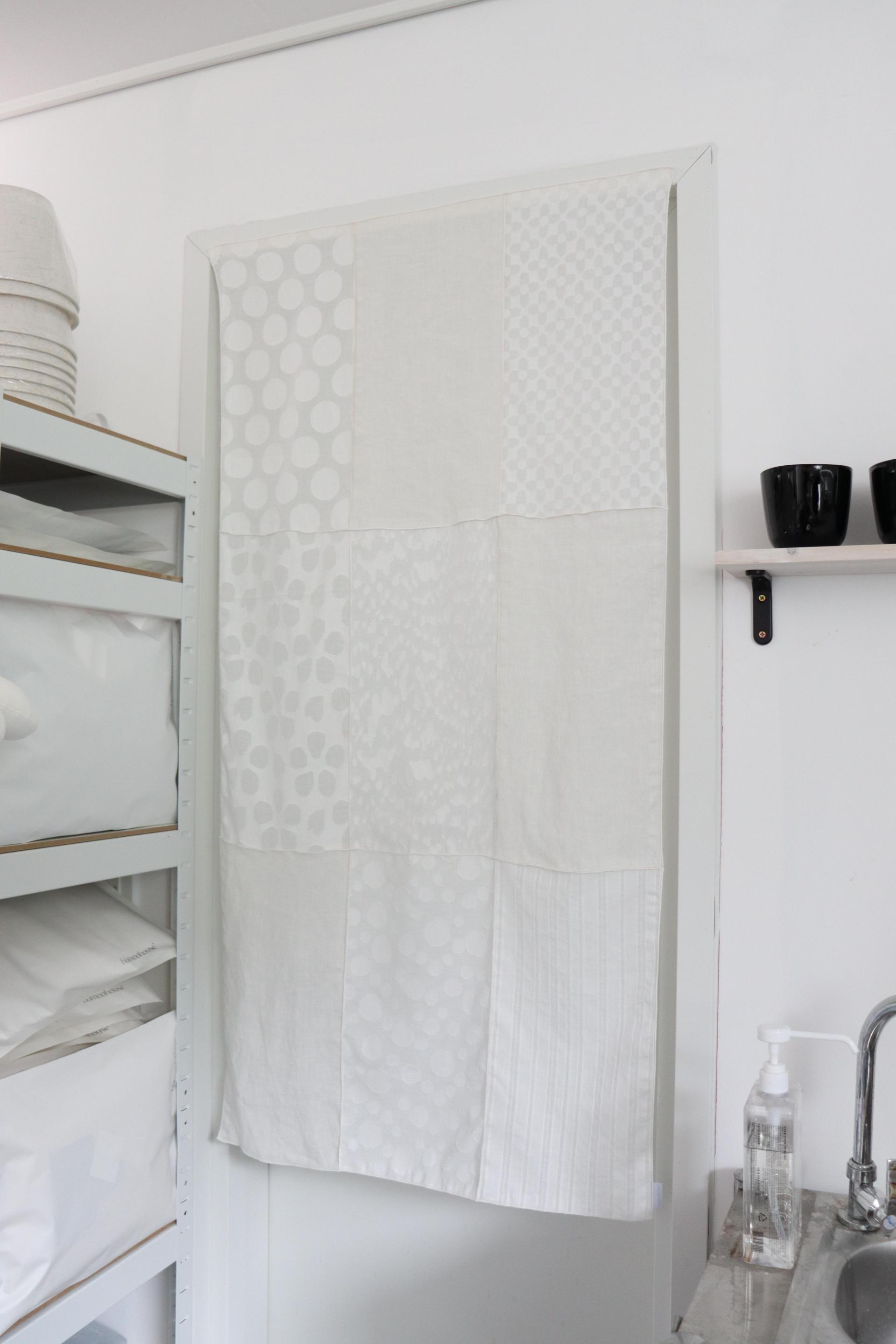 white patchwork door curtain