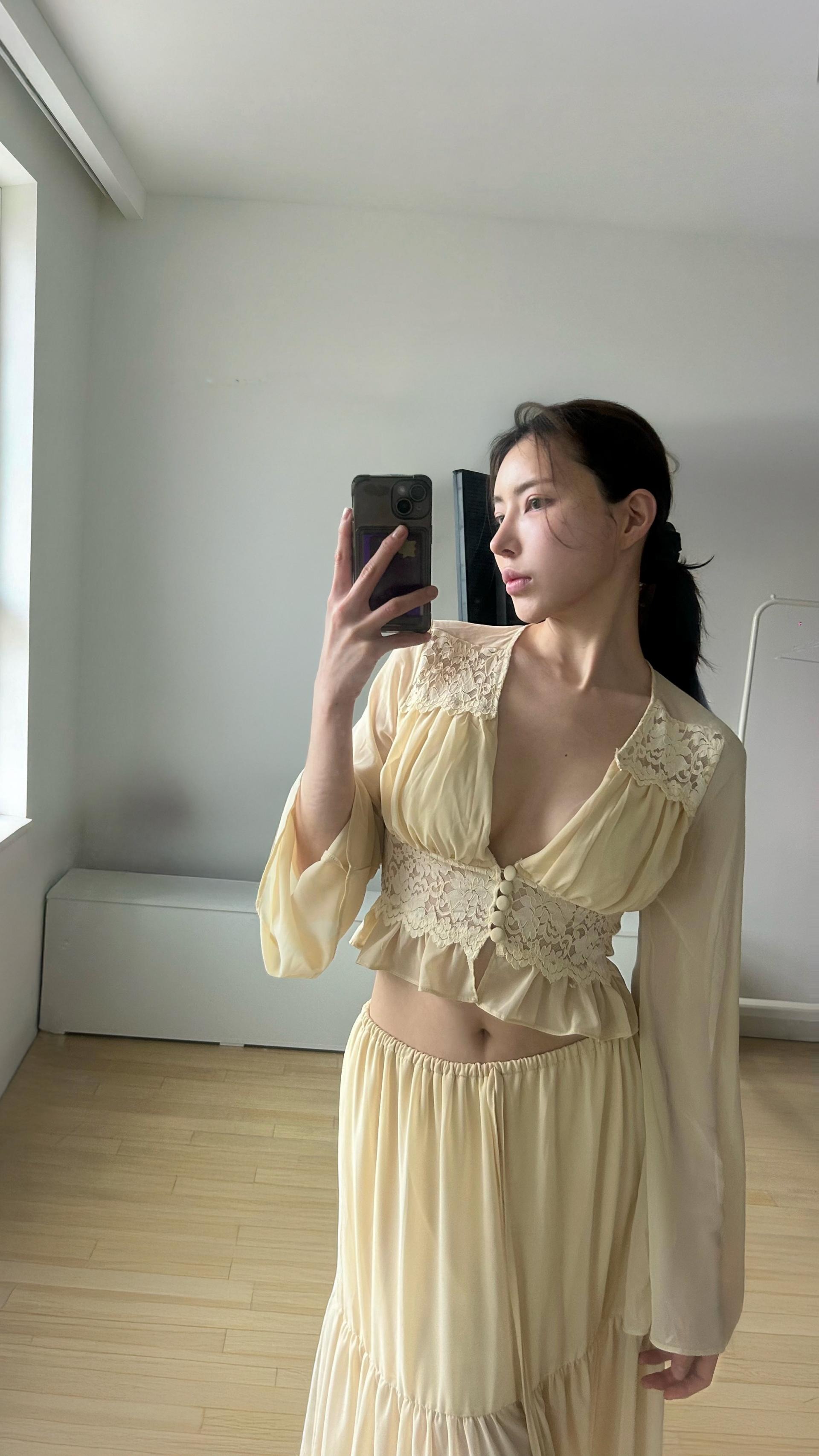 쉬어 레이스 블라우스 롱스커트 셋업