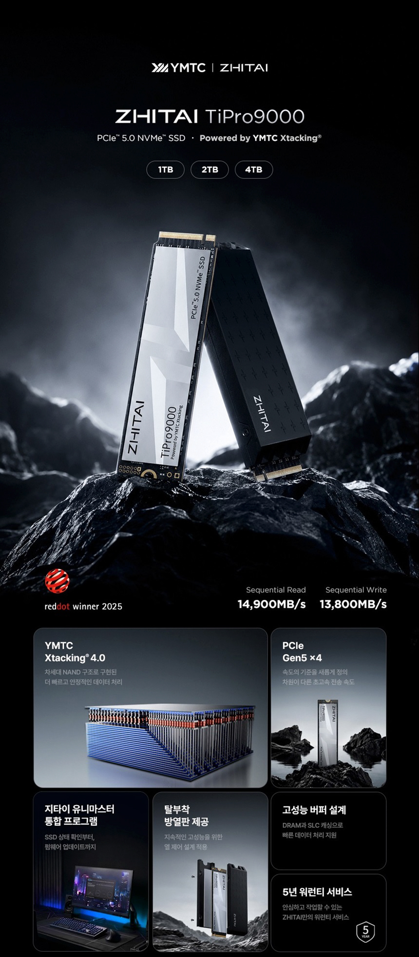 YMTC ZHITAI TiPro9000 1TB PCIe 5.0 TLC M.2 DRAM NVMe 히트싱크 SSD