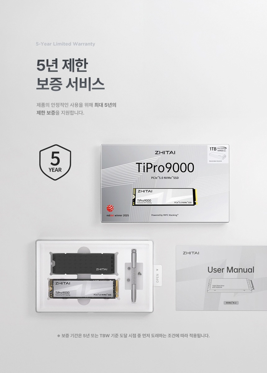YMTC ZHITAI TiPro9000 1TB PCIe 5.0 TLC M.2 DRAM NVMe 히트싱크 SSD