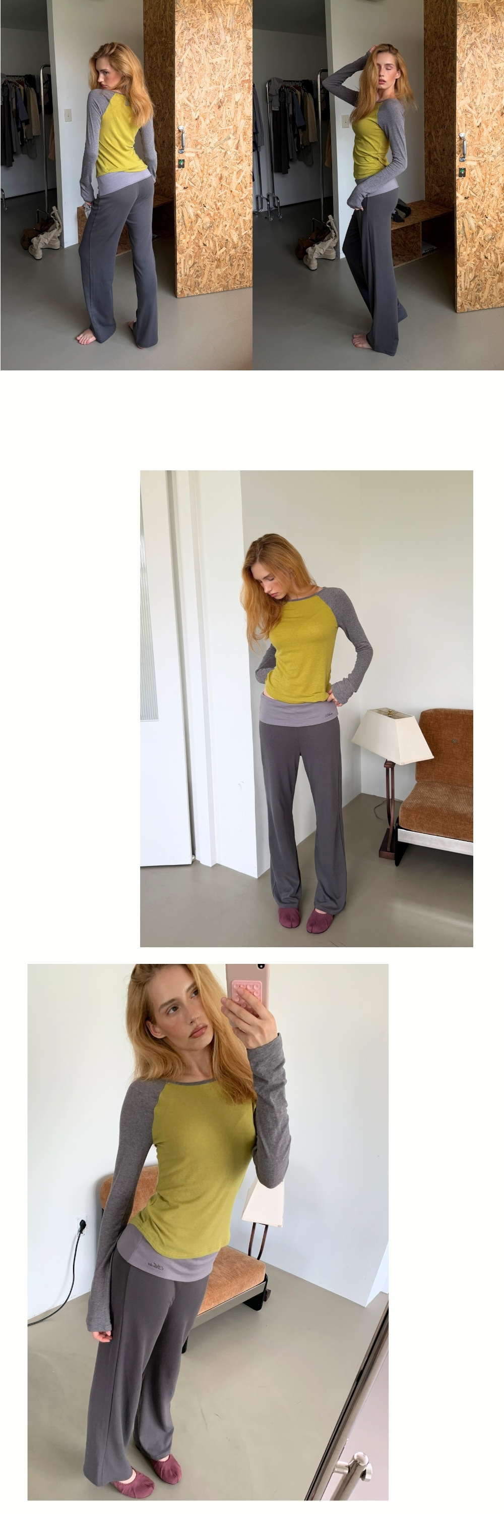 CONTRAST SLIM RAGLAN TOP (OLIVE+MELANGE GREY)