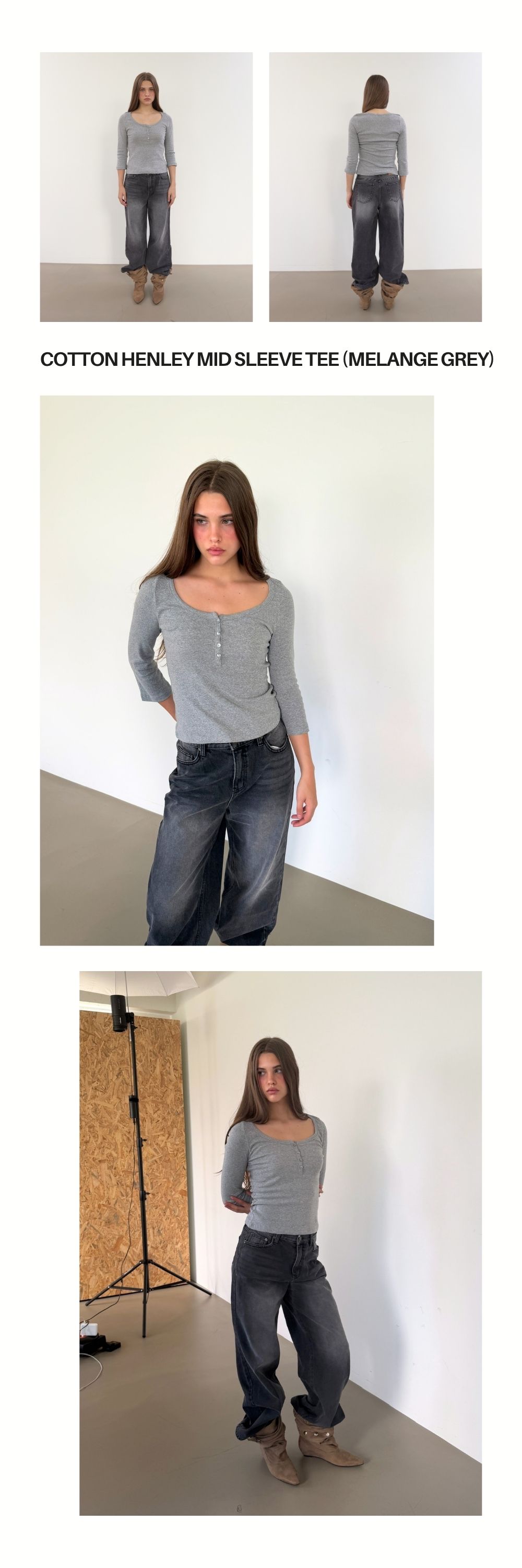 COTTON HENLEY MID SLEEVE T (MELANGE GREY)