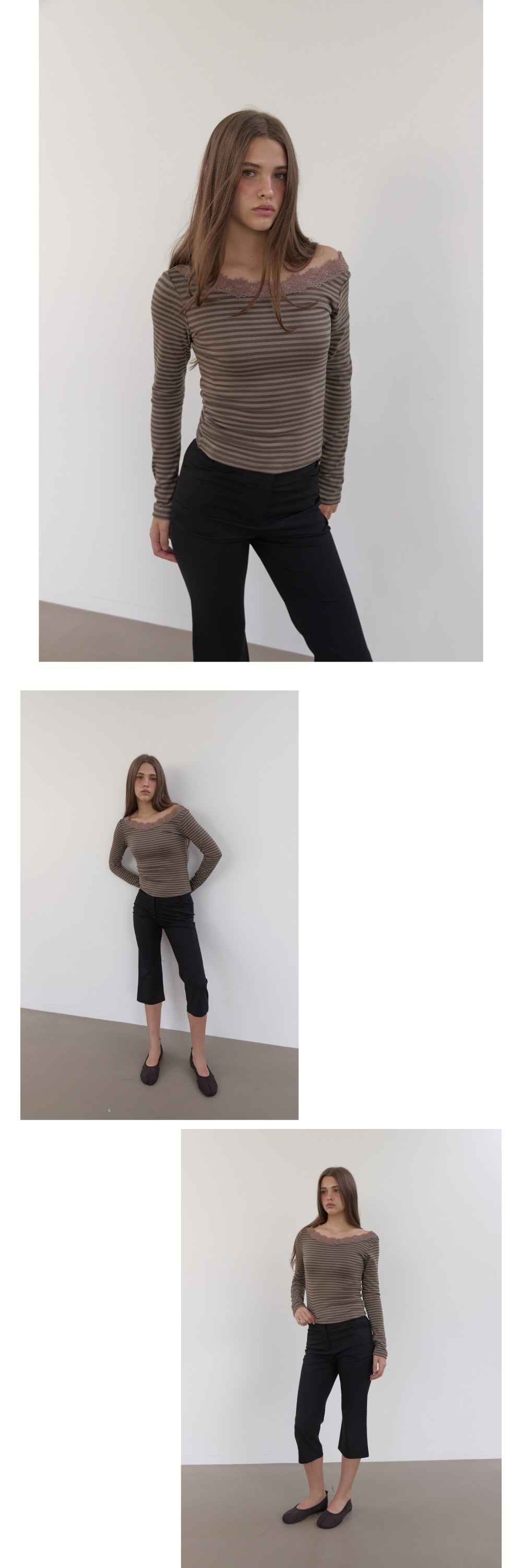 NECK LACE LONG SLEEVE T (KHAKI+BROWN STRIPE)