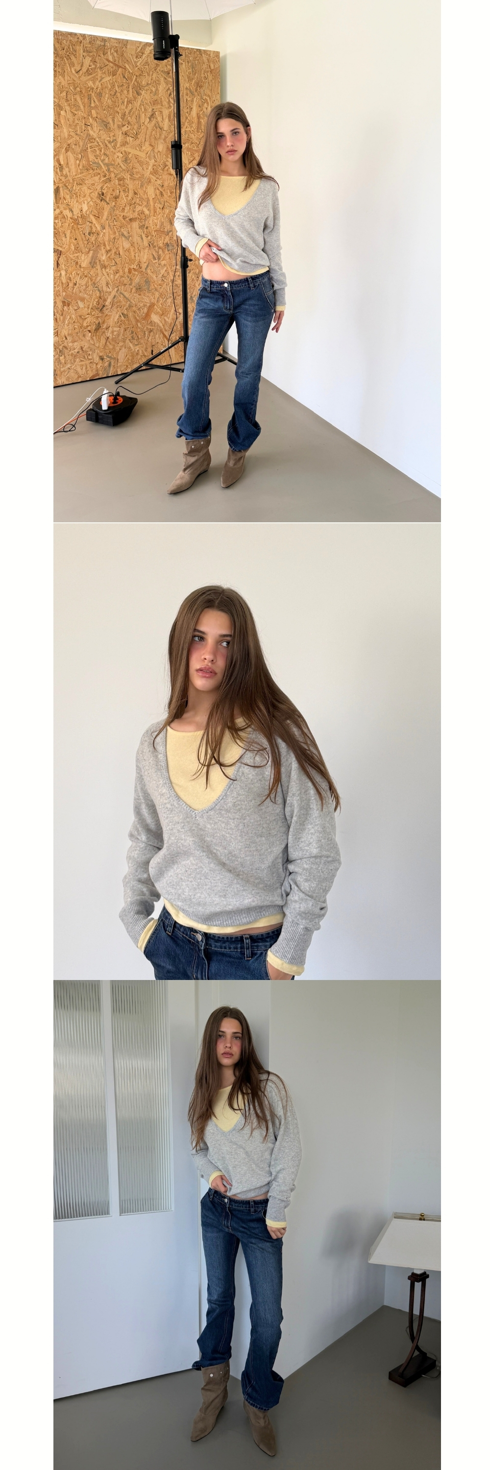 PURE WOOL DEEP V KNIT (MELANGE GREY)
