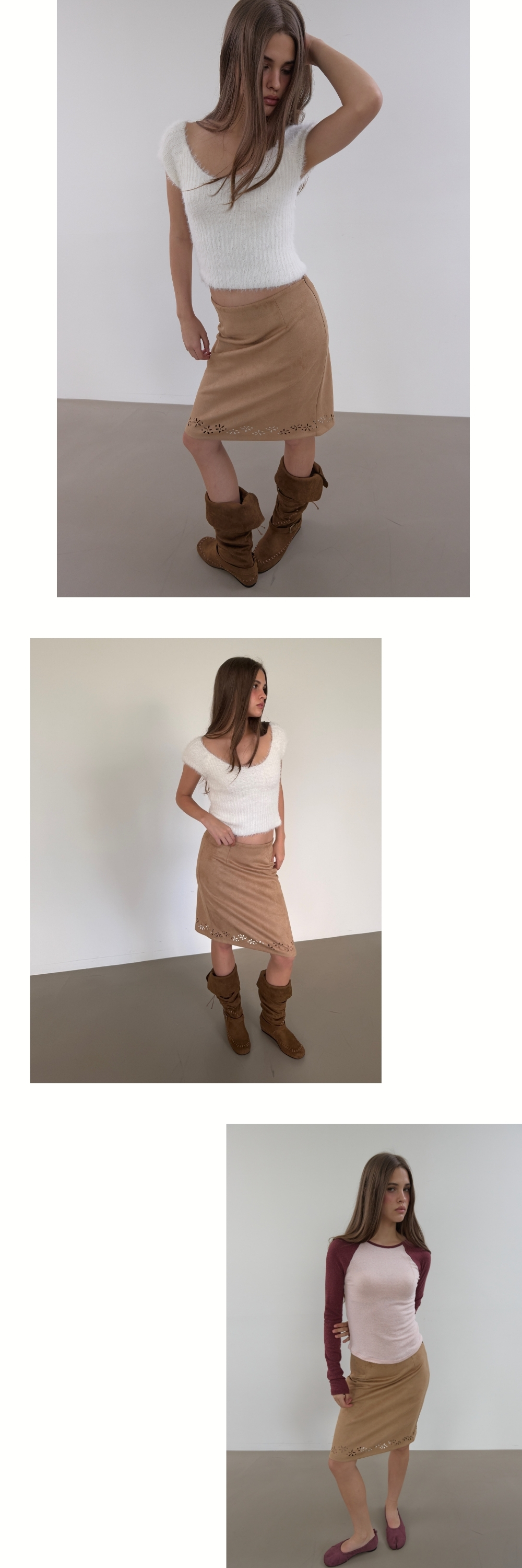 SUEDE PUNCHED MIDI SKIRT (BEIGE)