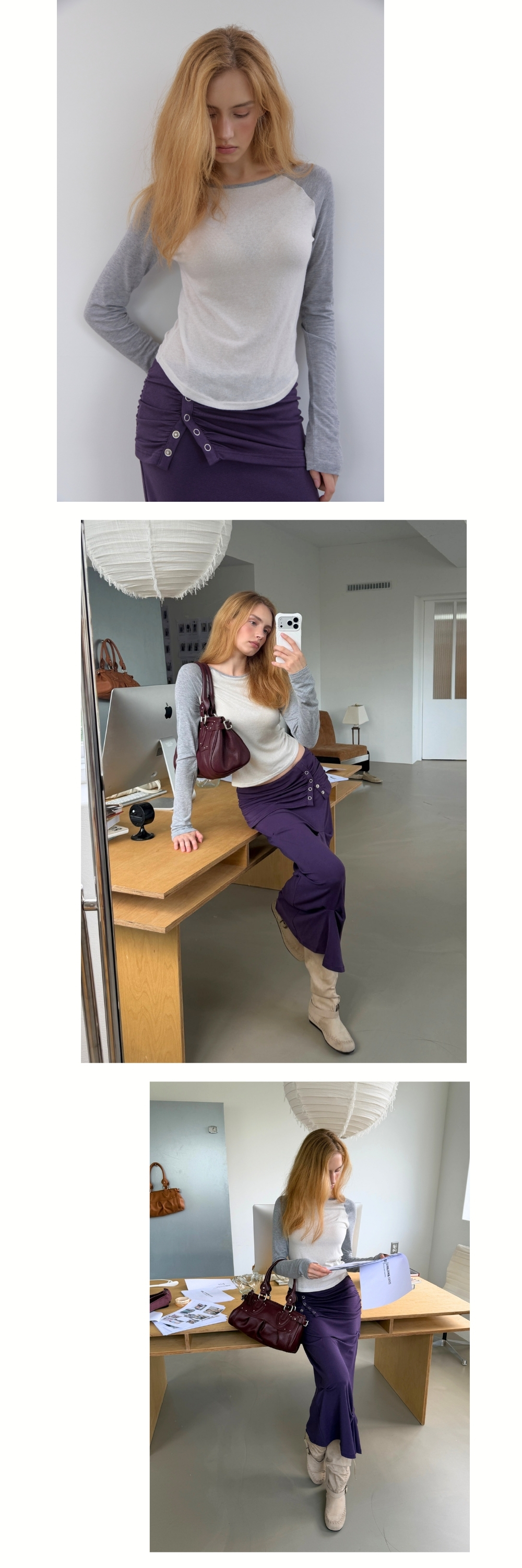 CONTRAST SLIM RAGLAN TOP (LIGHT GREY+ MELANGE GREY)