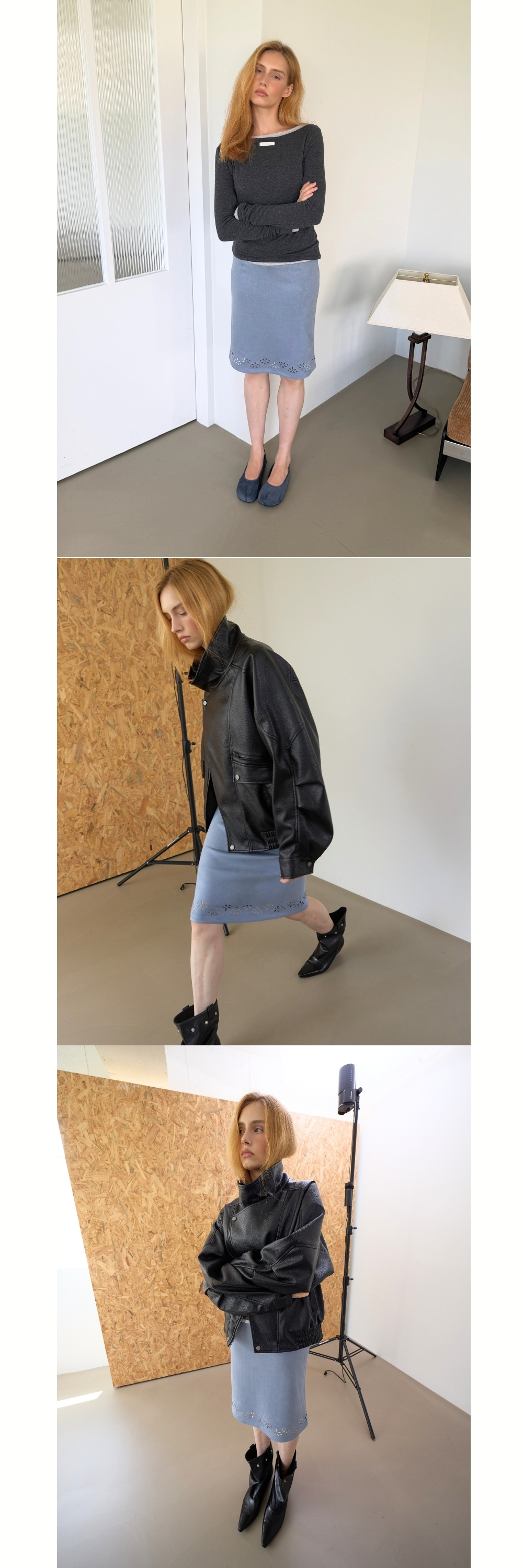 SUEDE PUNCHED MIDI SKIRT (BLUE)